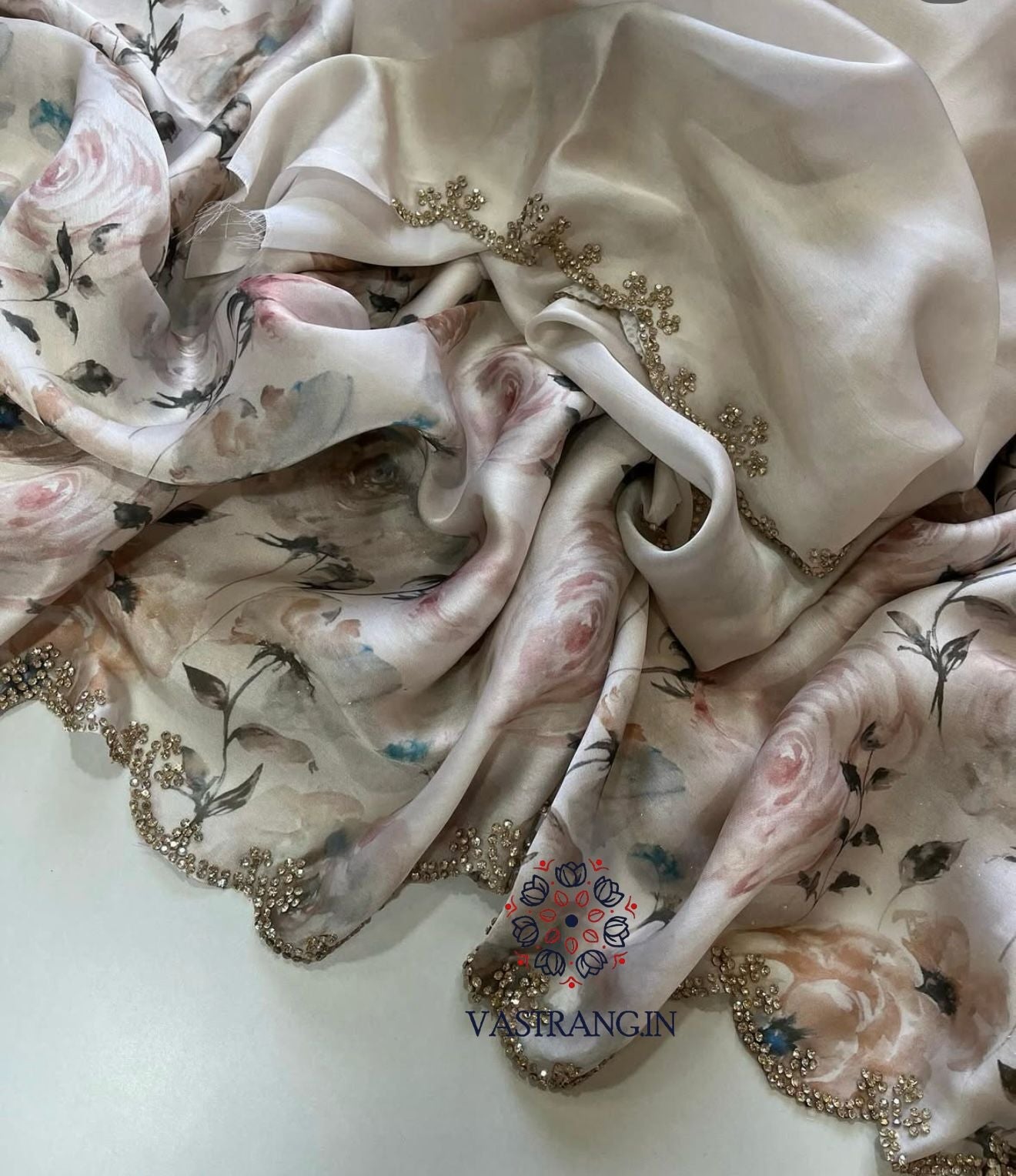 Pure Satin Georgette Multicolor Print n Diamond Cut Work Fancy Designer Partywear Saree Design