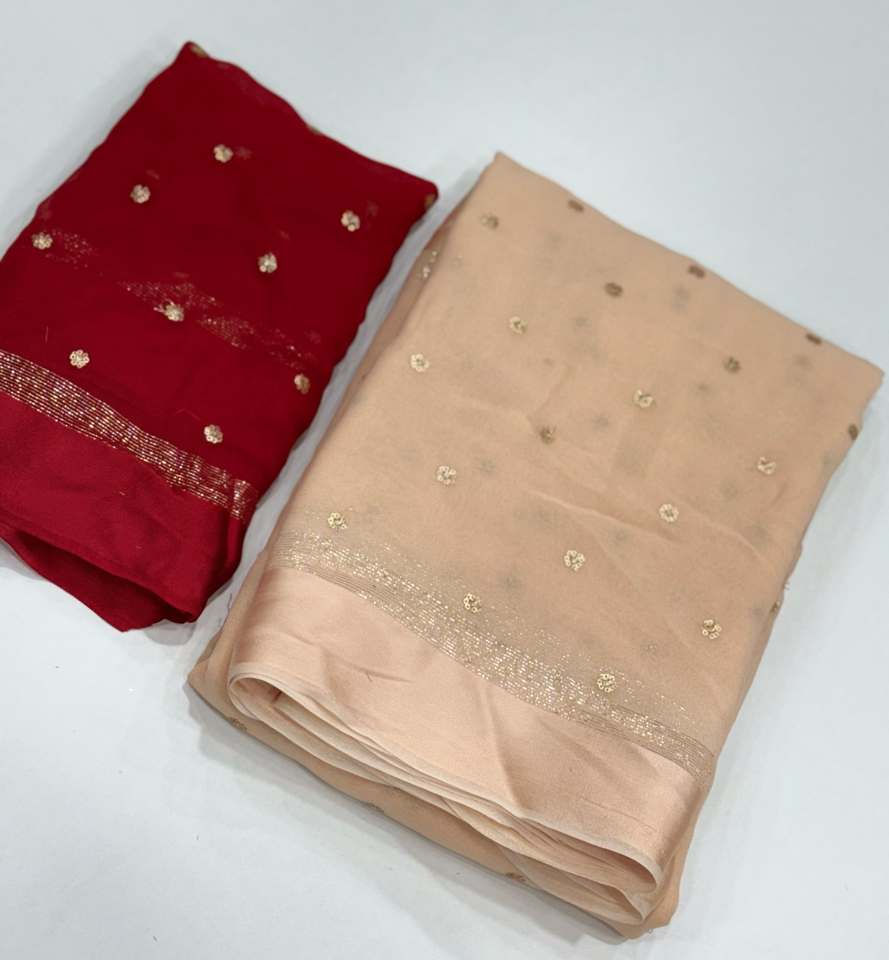 Latest Festive Wear Beige Color Georgette Satin Patta With Sequence Butti Work Fancy Designer Saree