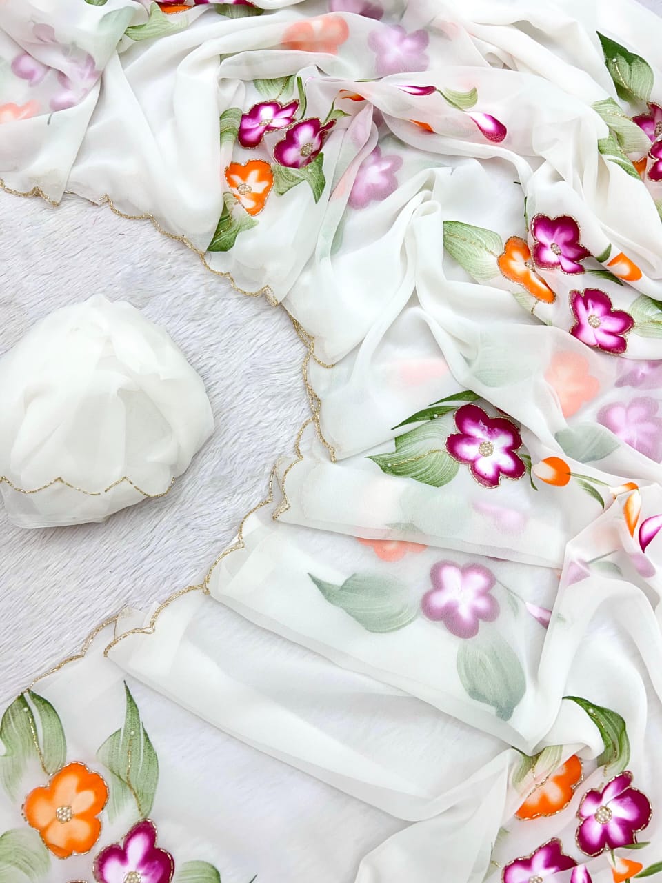 Faux Georgette Fancy Designer Hand Work n Hand Paint Work Fancy Designer Wedding Wear Saree With Blouse