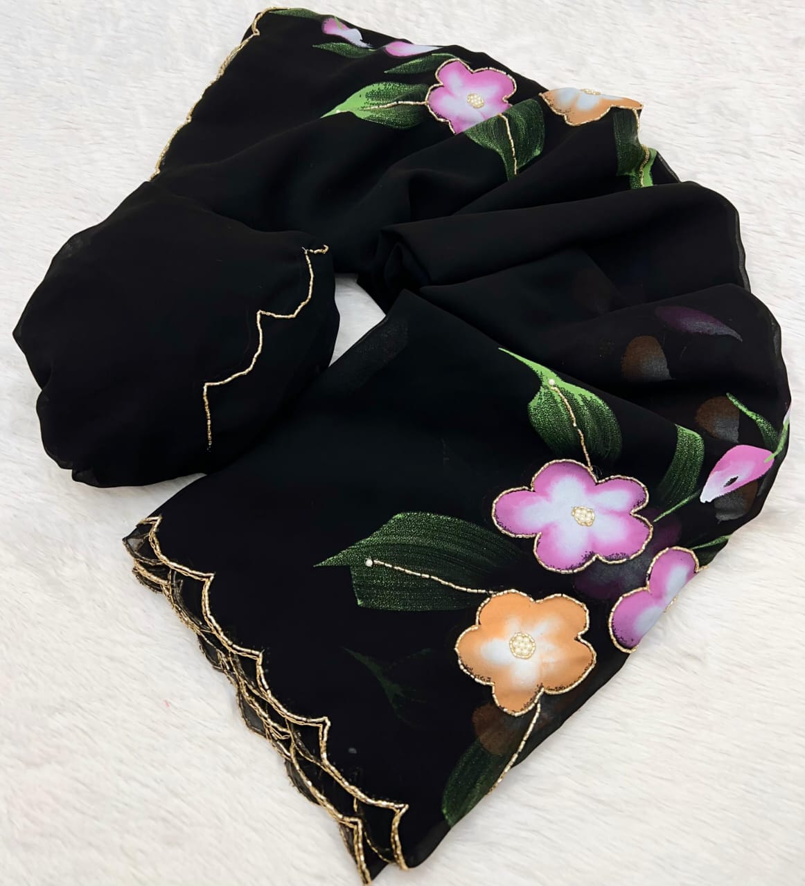 Faux Georgette Fancy Designer Hand Work n Hand Paint Work Fancy Designer Wedding Wear Saree With Blouse