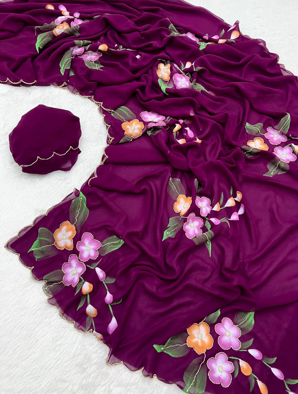 Faux Georgette Fancy Designer Hand Work n Hand Paint Work Fancy Designer Wedding Wear Saree With Blouse