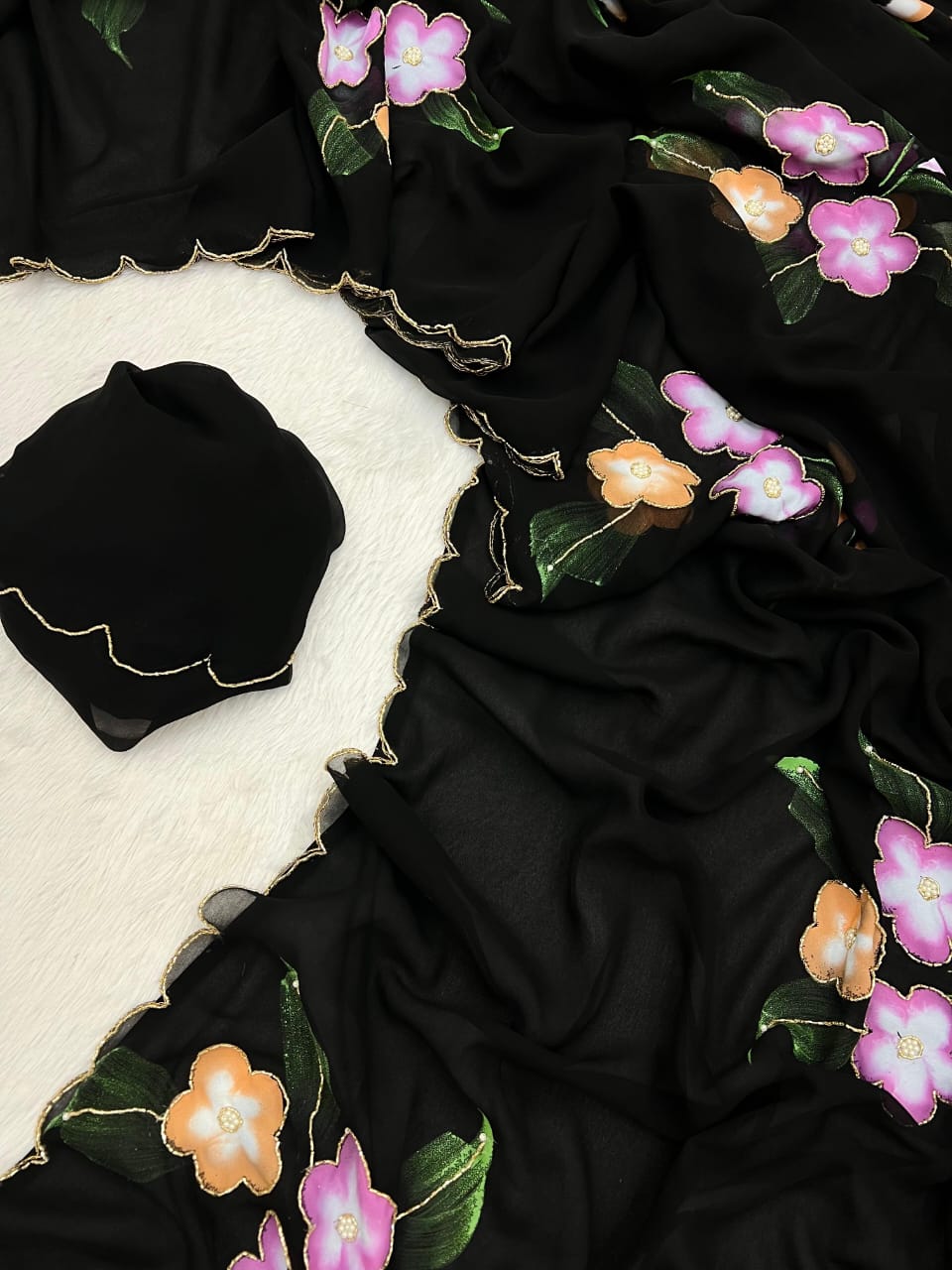 Faux Georgette Fancy Designer Hand Work n Hand Paint Work Fancy Designer Wedding Wear Saree With Blouse