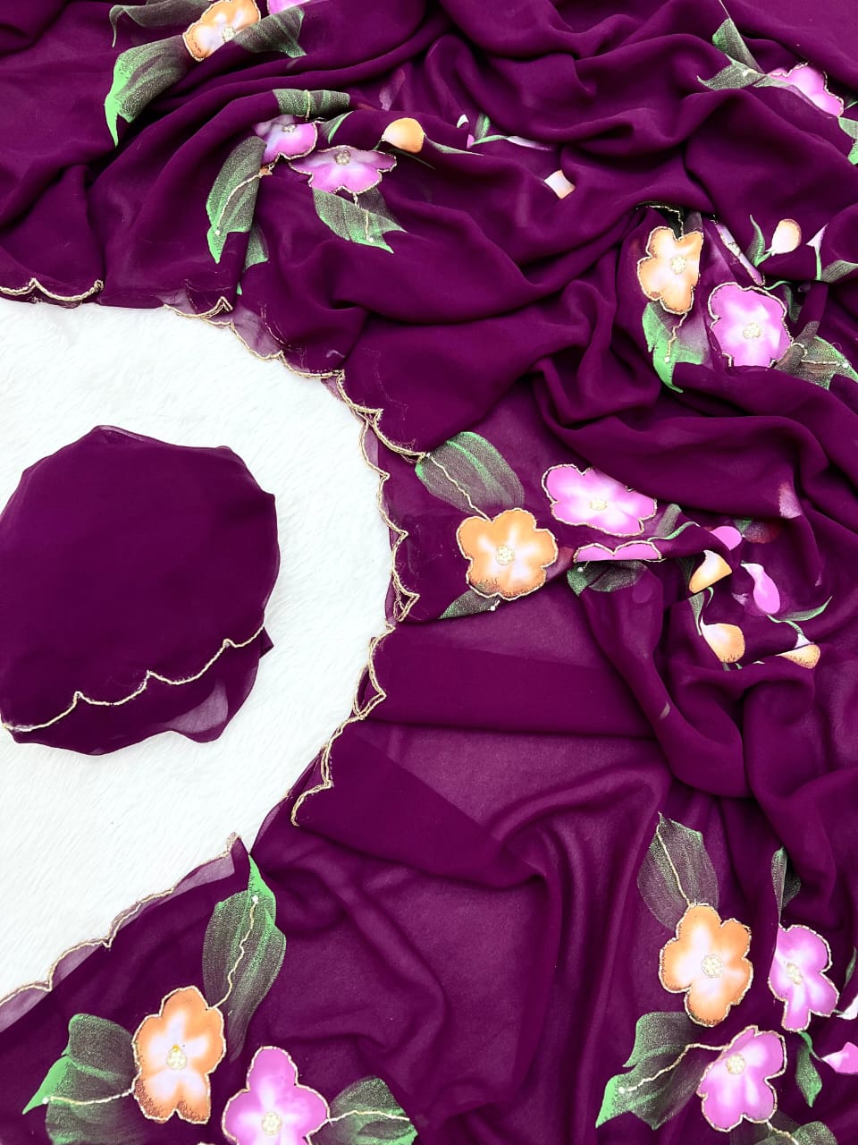 Faux Georgette Fancy Designer Hand Work n Hand Paint Work Fancy Designer Wedding Wear Saree With Blouse