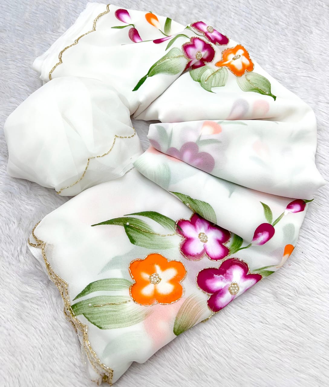 Faux Georgette Fancy Designer Hand Work n Hand Paint Work Fancy Designer Wedding Wear Saree With Blouse