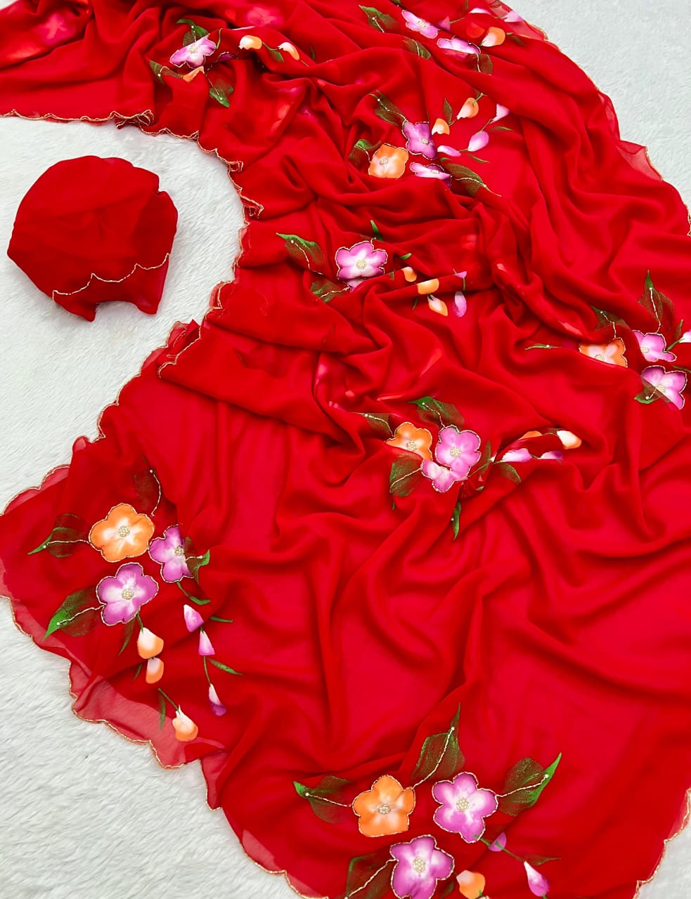 Faux Georgette Fancy Designer Hand Work n Hand Paint Work Fancy Designer Wedding Wear Saree With Blouse