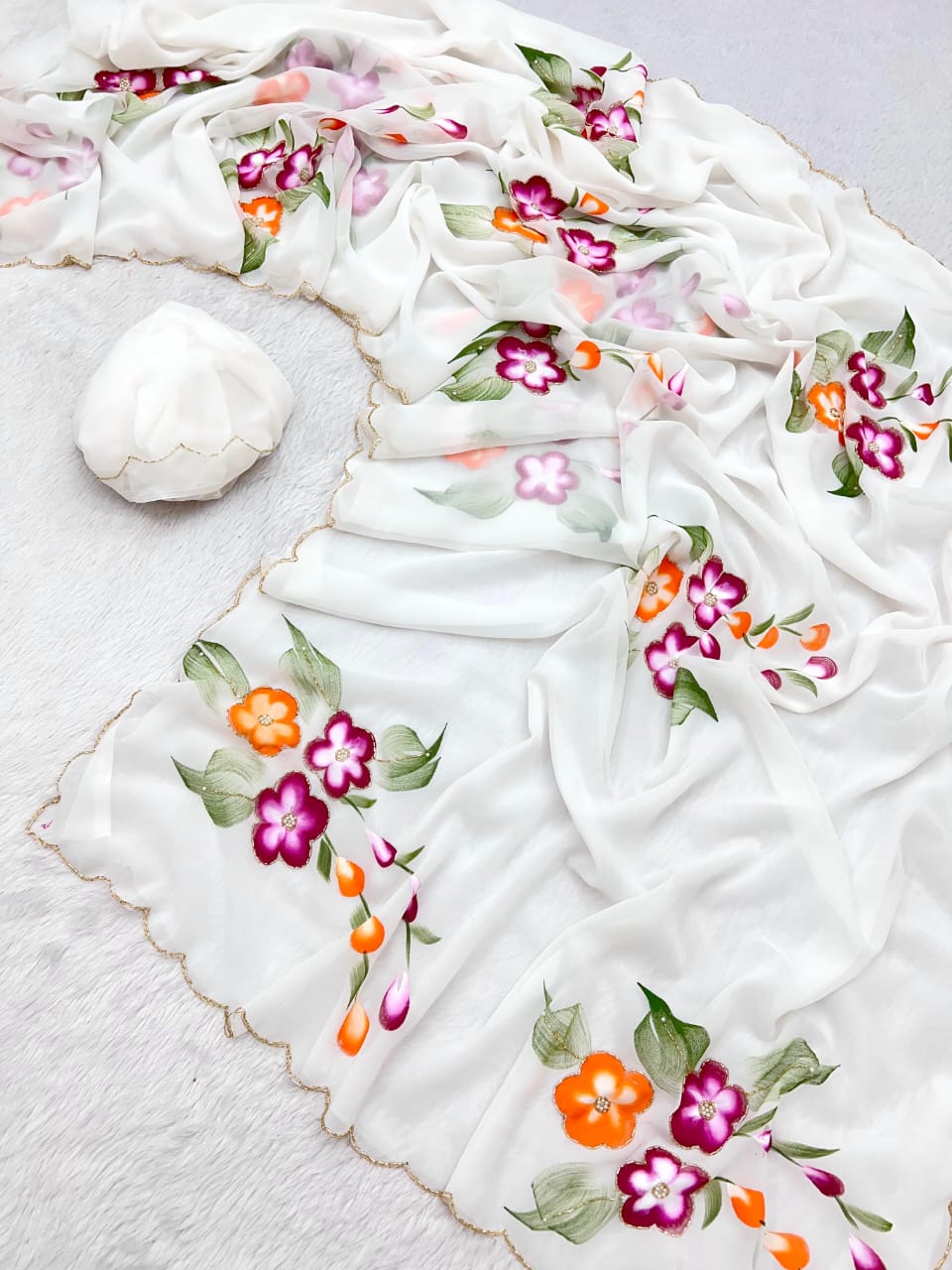 Faux Georgette Fancy Designer Hand Work n Hand Paint Work Fancy Designer Wedding Wear Saree With Blouse