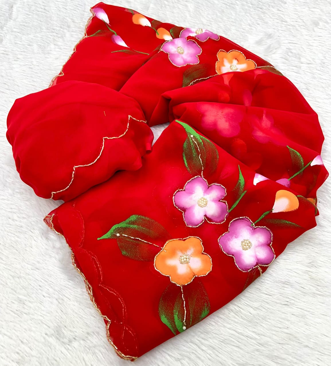 Faux Georgette Fancy Designer Hand Work n Hand Paint Work Fancy Designer Wedding Wear Saree With Blouse