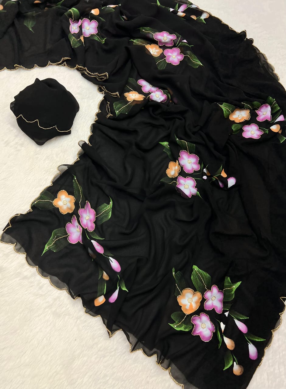 Faux Georgette Fancy Designer Hand Work n Hand Paint Work Fancy Designer Wedding Wear Saree With Blouse