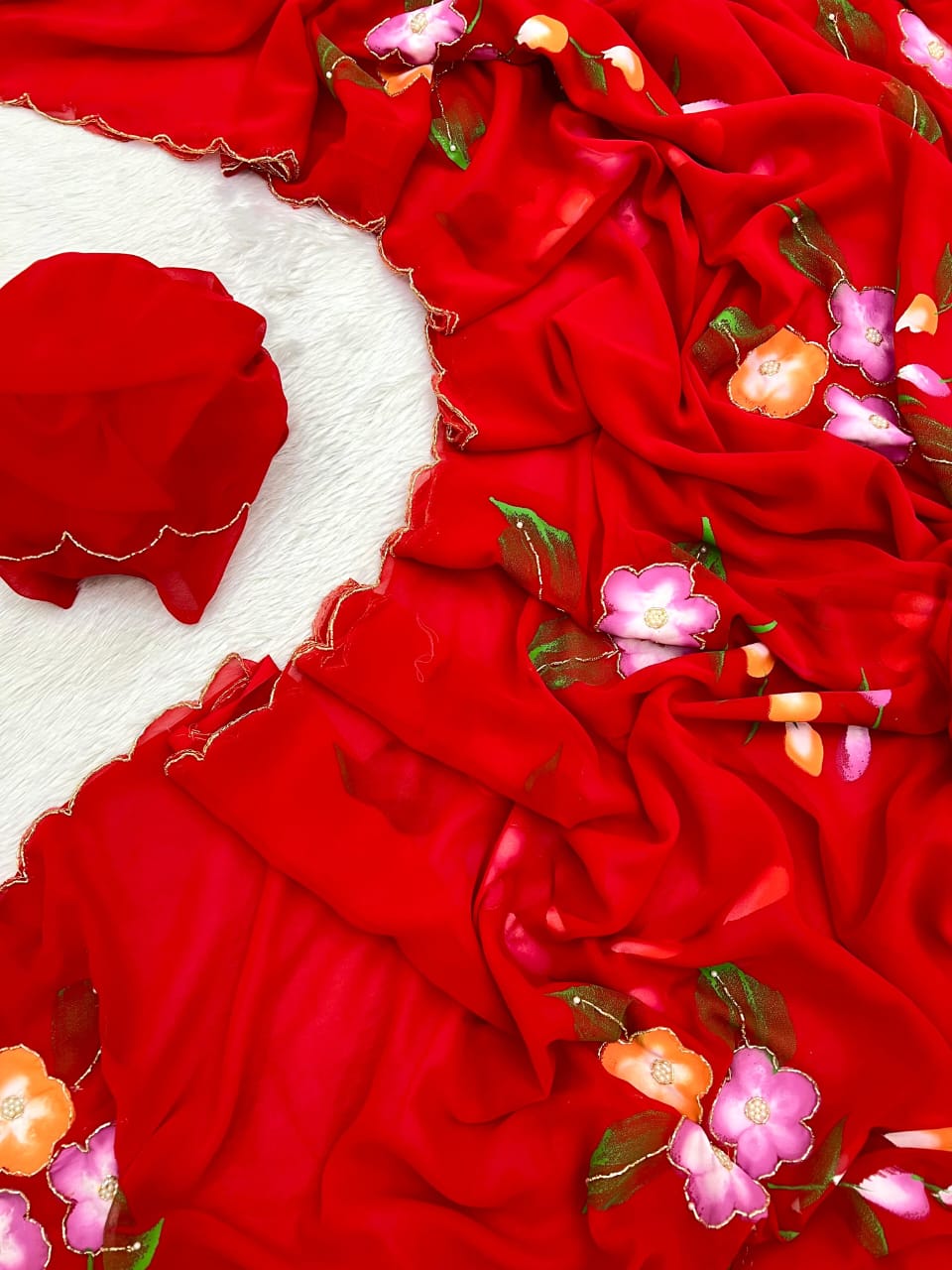 Faux Georgette Fancy Designer Hand Work n Hand Paint Work Fancy Designer Wedding Wear Saree With Blouse