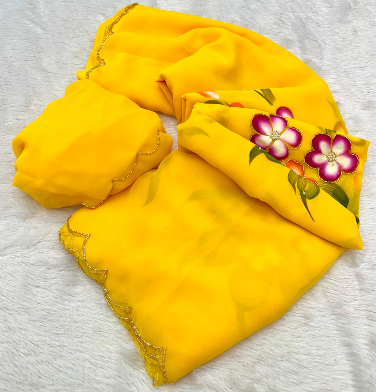 Faux Georgette Fancy Designer Hand Work n Hand Paint Work Fancy Designer Wedding Wear Saree With Blouse