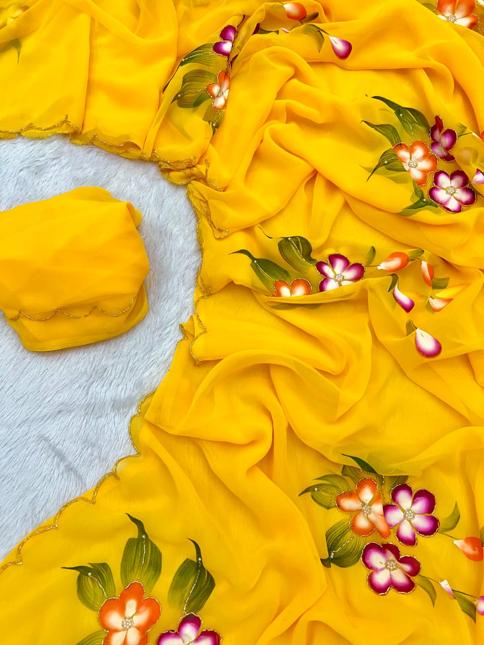 Faux Georgette Fancy Designer Hand Work n Hand Paint Work Fancy Designer Wedding Wear Saree With Blouse