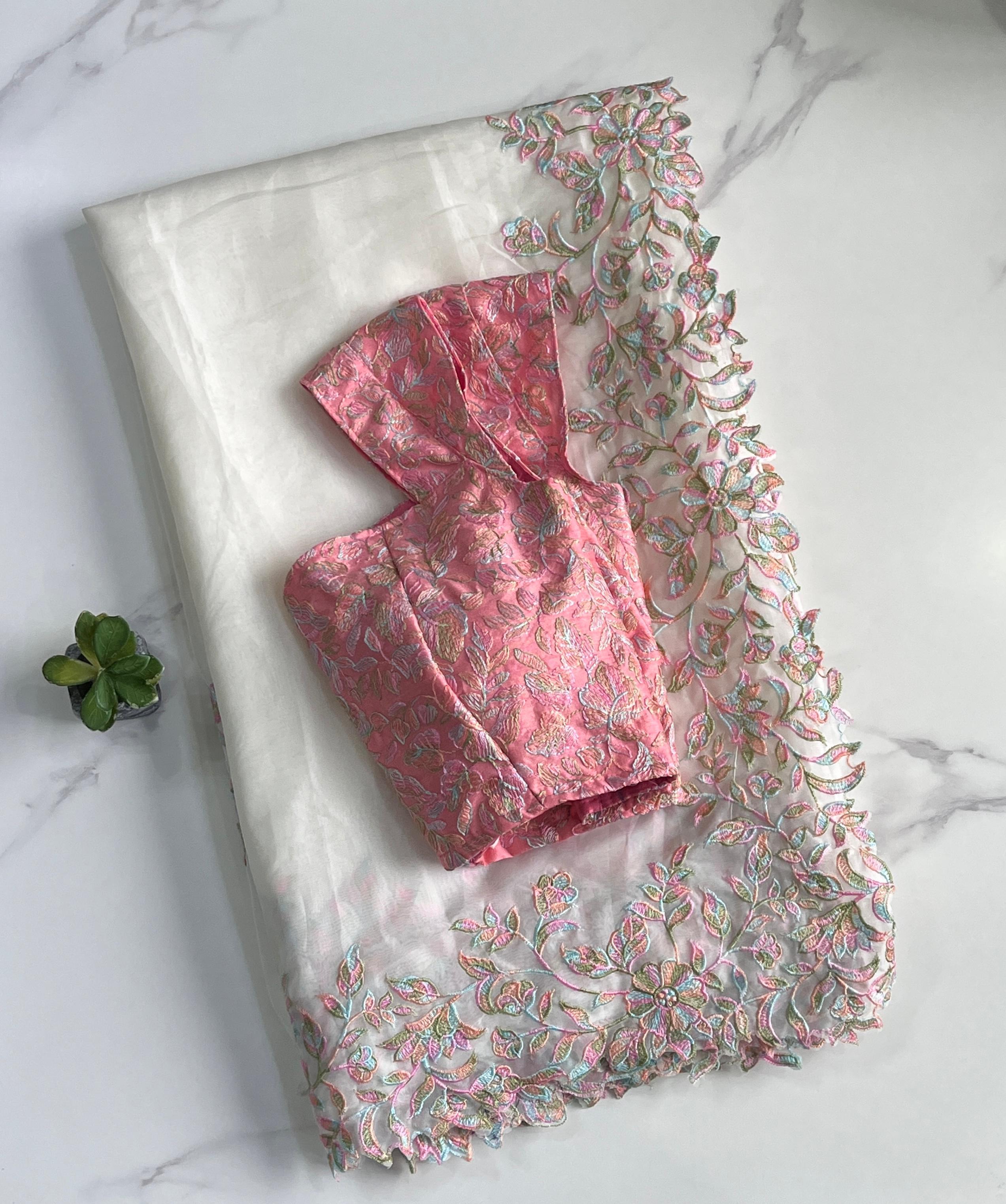 Beautiful Soft Tebby Silk Cream Color Embroidery Work Saree with Designer Unstitched Blouse