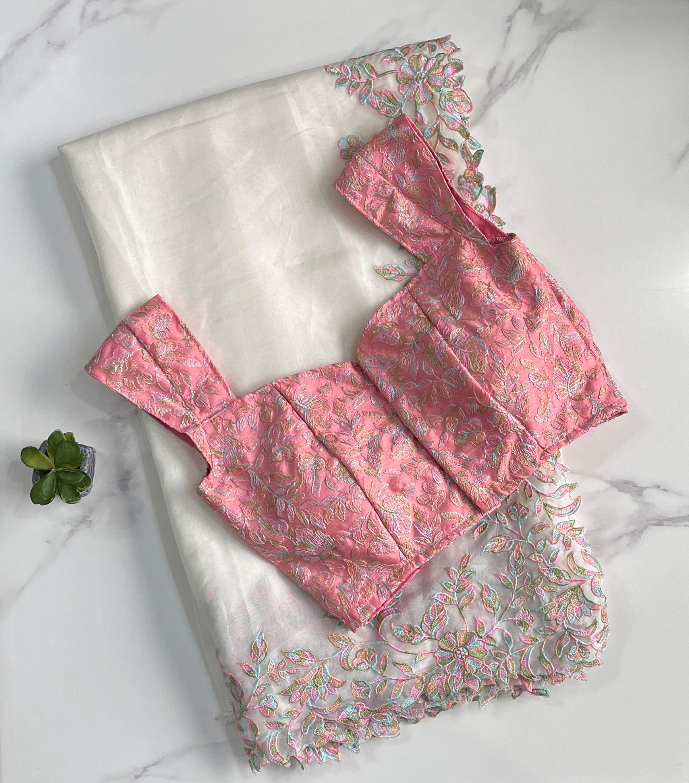 Beautiful Soft Tebby Silk Cream Color Embroidery Work Saree with Designer Unstitched Blouse