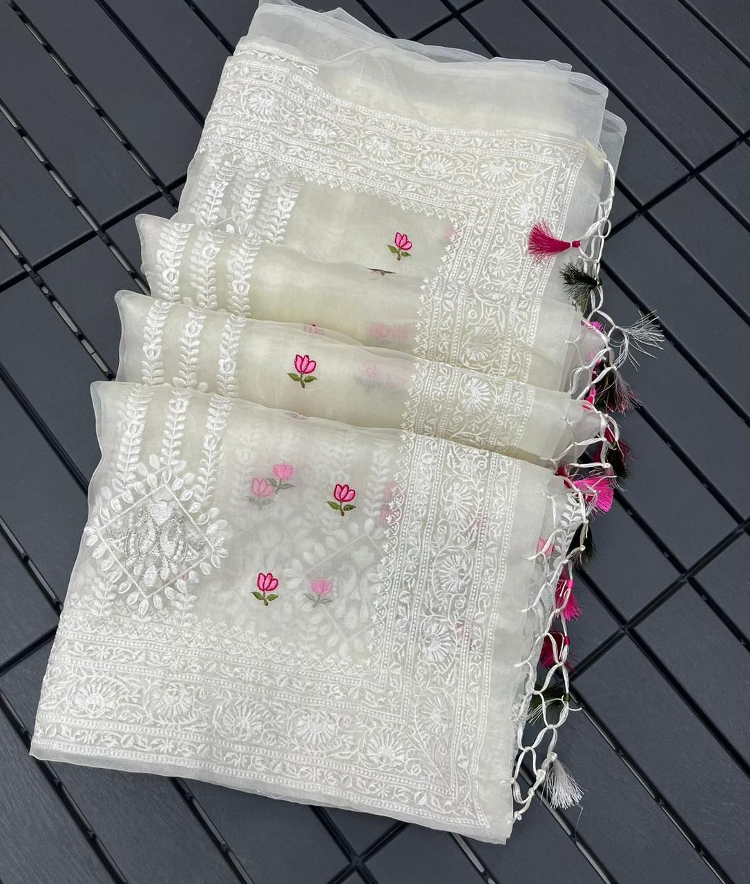 Partywear White Color Organza Silk Embroidery Lucknawi Work With Tassels Work Fancy Designer Saree