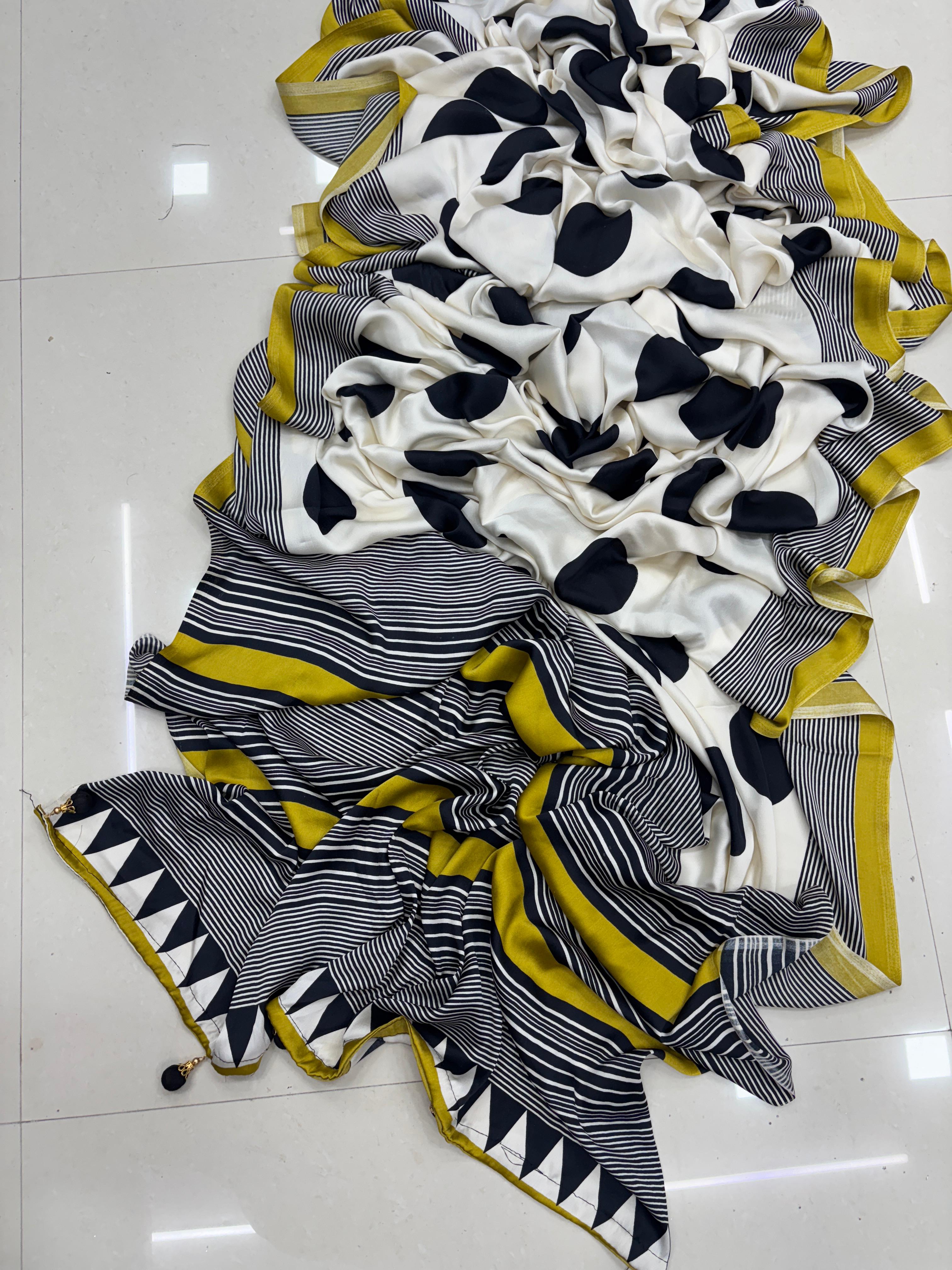 New Wedding Wear Pure Satin Soft Silk Print With Tussles Work Fancy Designer Saree With Blouse