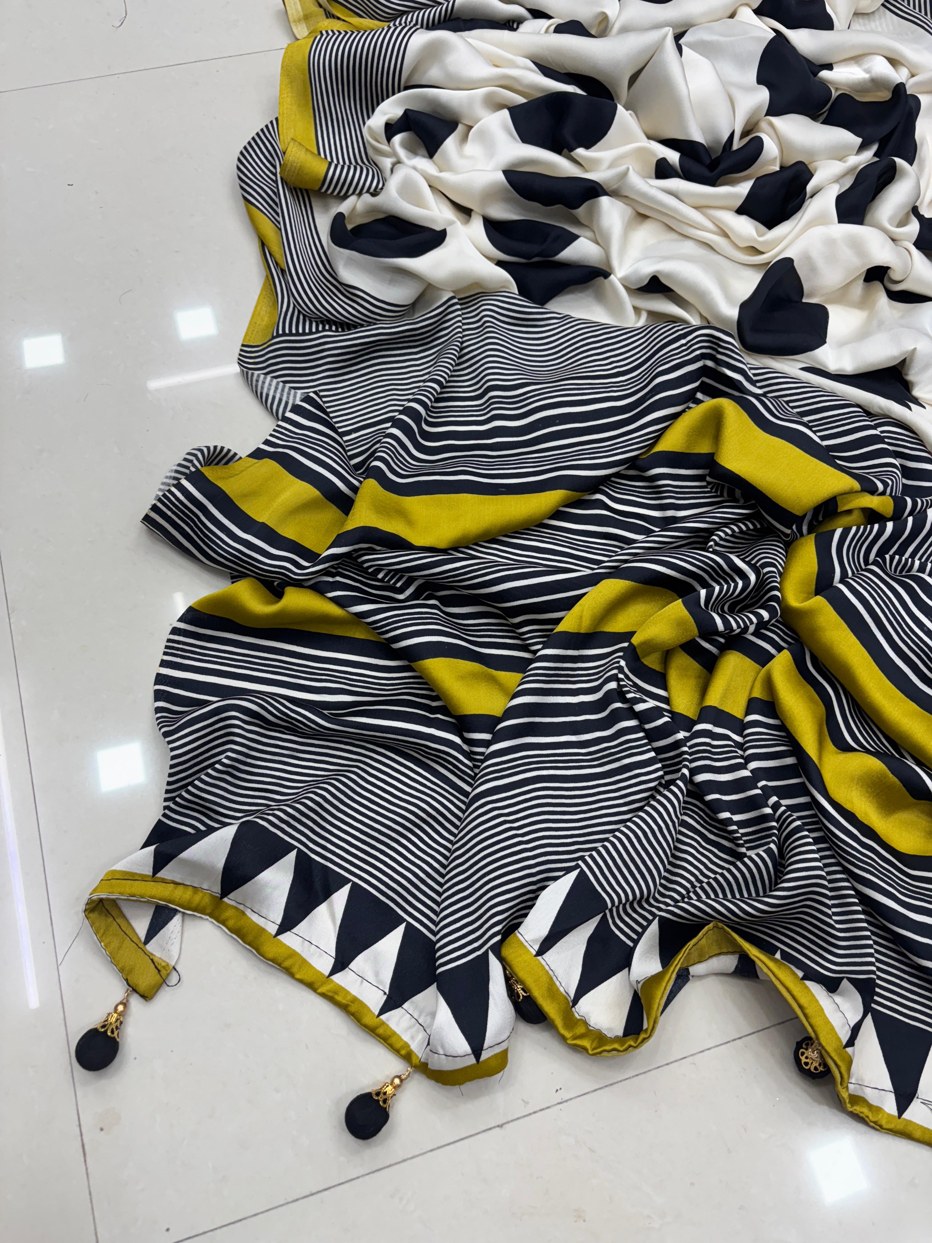 New Wedding Wear Pure Satin Soft Silk Print With Tussles Work Fancy Designer Saree With Blouse