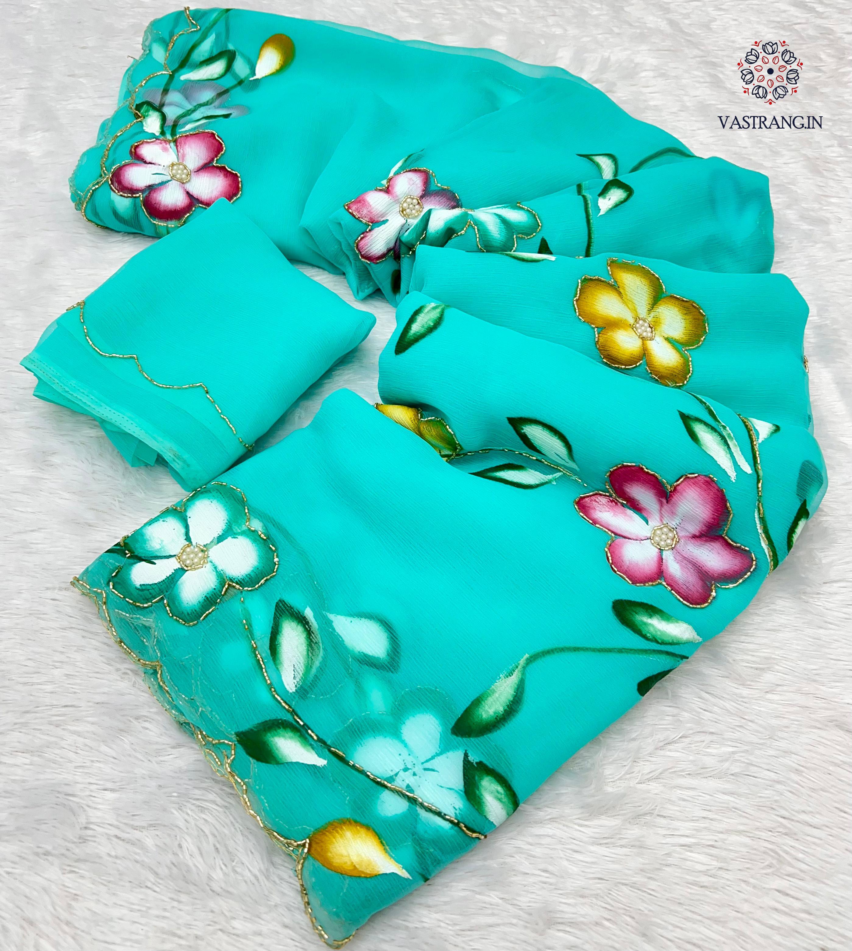 New Wedding Wear Soft Chiffon Handbrush Print n Handwork Fancy Designer Saree With Blouse