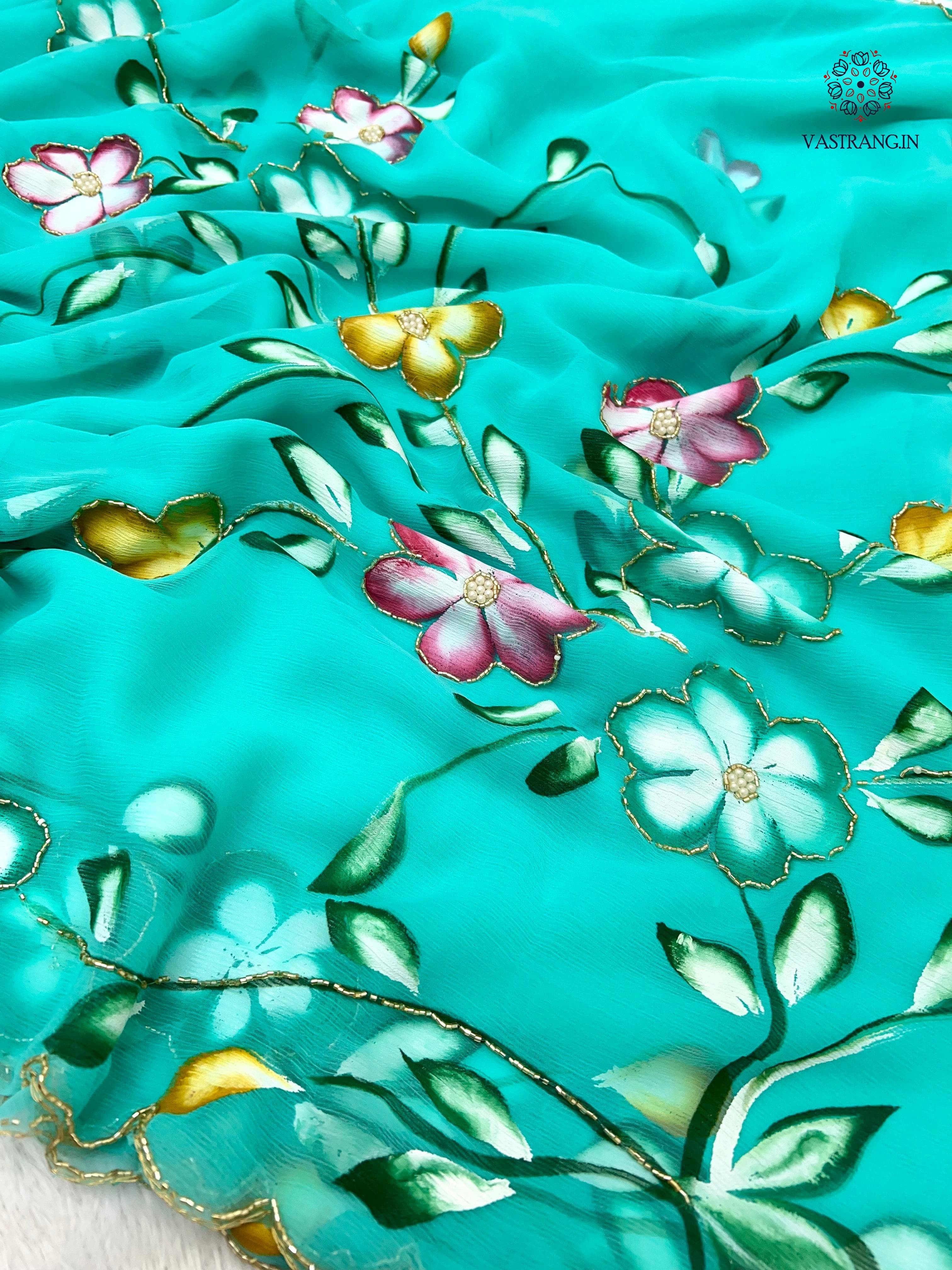 New Wedding Wear Soft Chiffon Handbrush Print n Handwork Fancy Designer Saree With Blouse