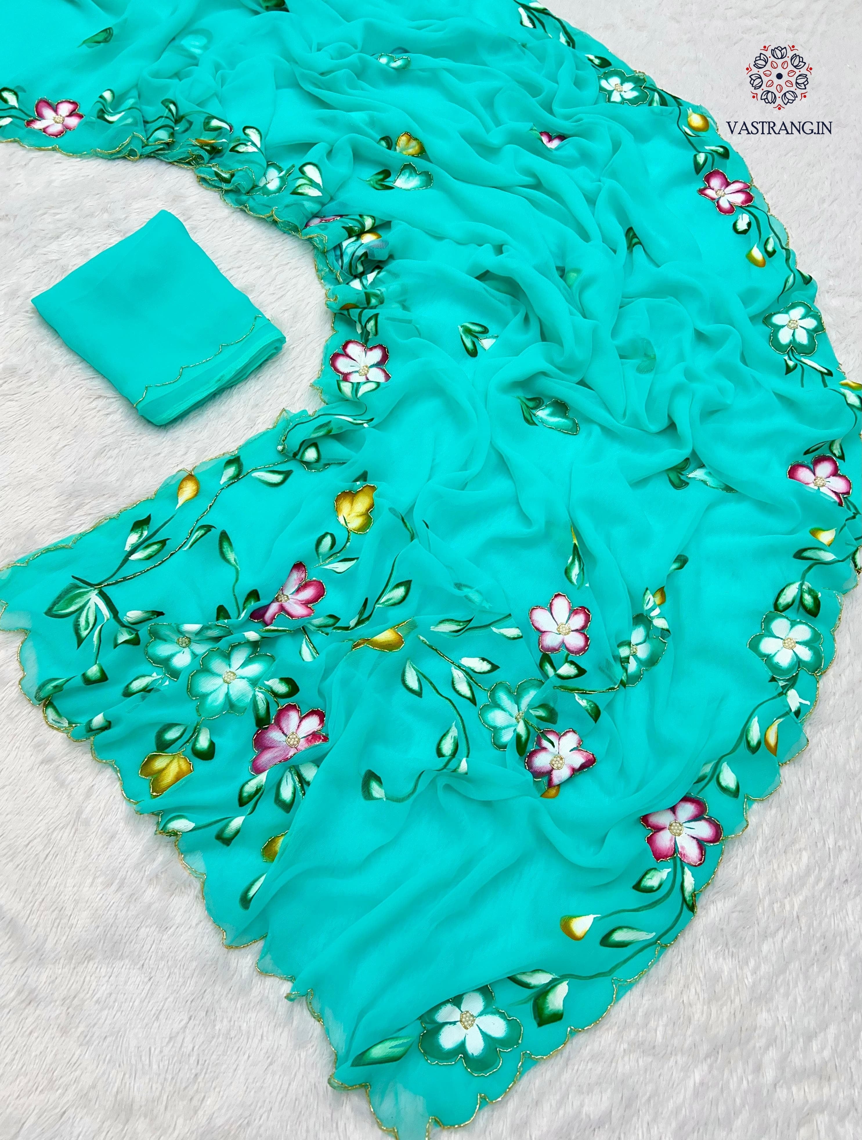 New Wedding Wear Soft Chiffon Handbrush Print n Handwork Fancy Designer Saree With Blouse