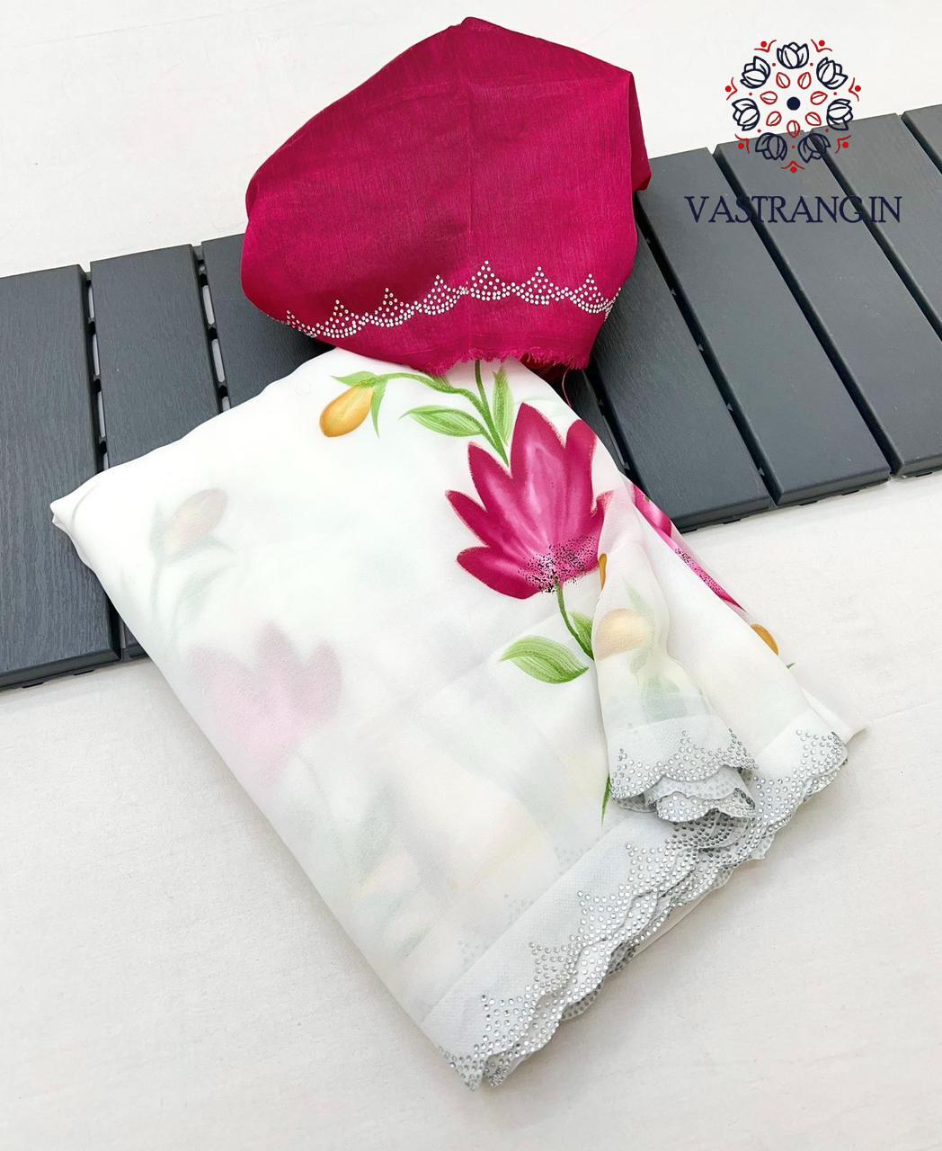 New White Color Partywear Soft Georgette Handbrush Print With Siroski Cut Work Fancy Designer Saree