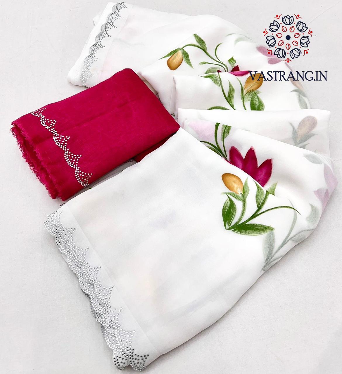 New White Color Partywear Soft Georgette Handbrush Print With Siroski Cut Work Fancy Designer Saree