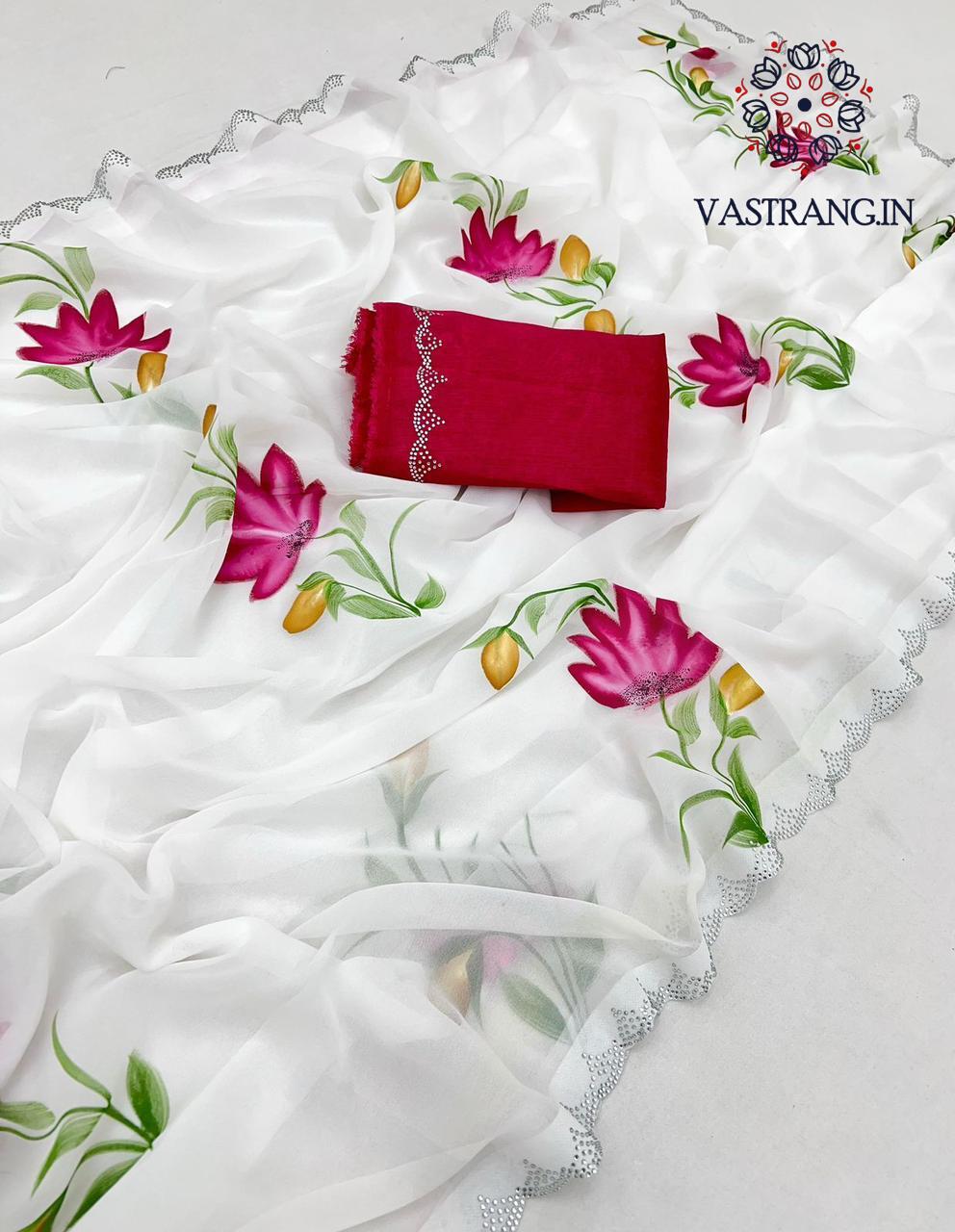 New White Color Partywear Soft Georgette Handbrush Print With Siroski Cut Work Fancy Designer Saree