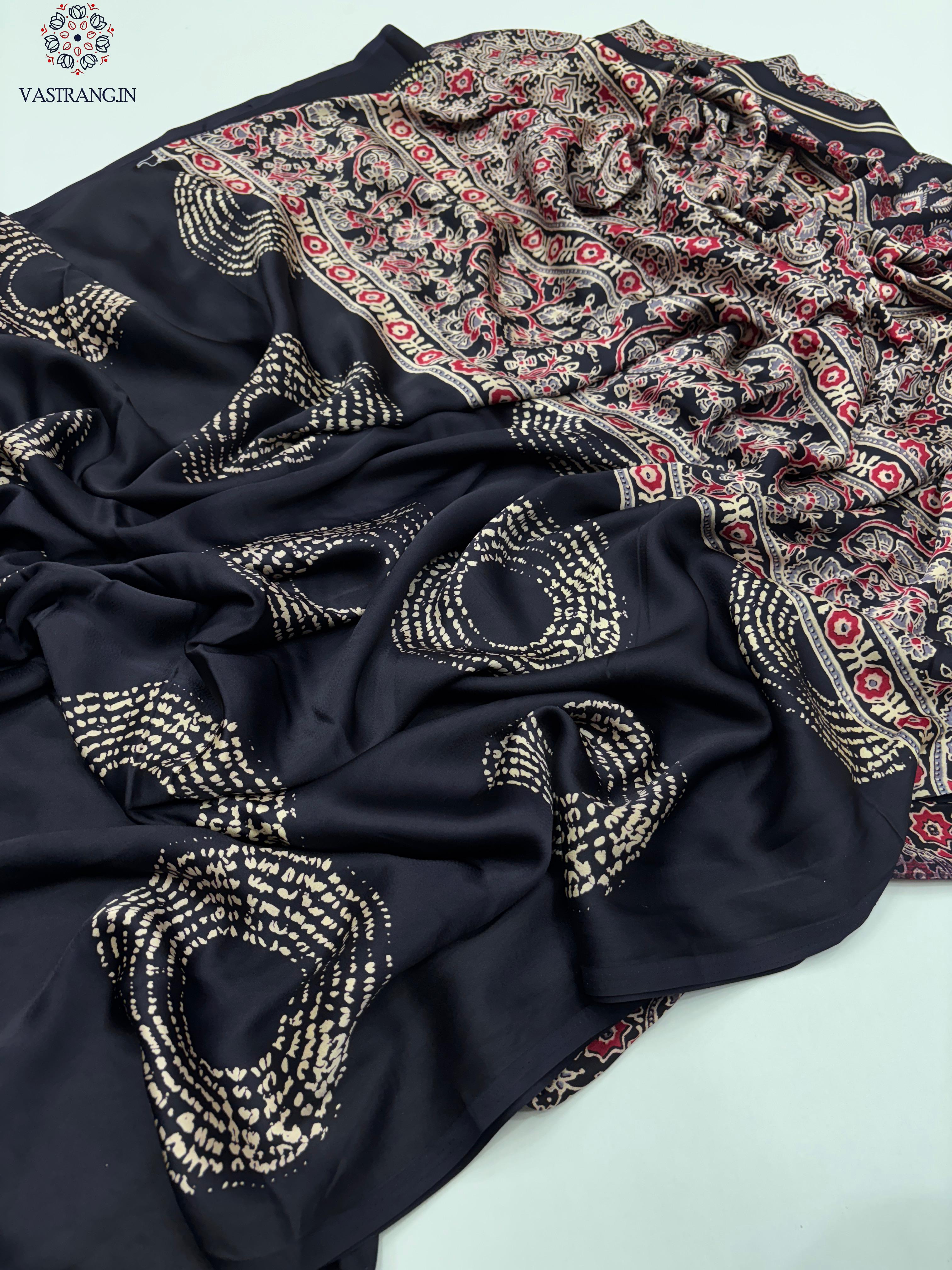 New Wedding Wear Pure Satin Silk Ajrak Printed Rich Pallu n Tussles Work Fancy Designer Saree