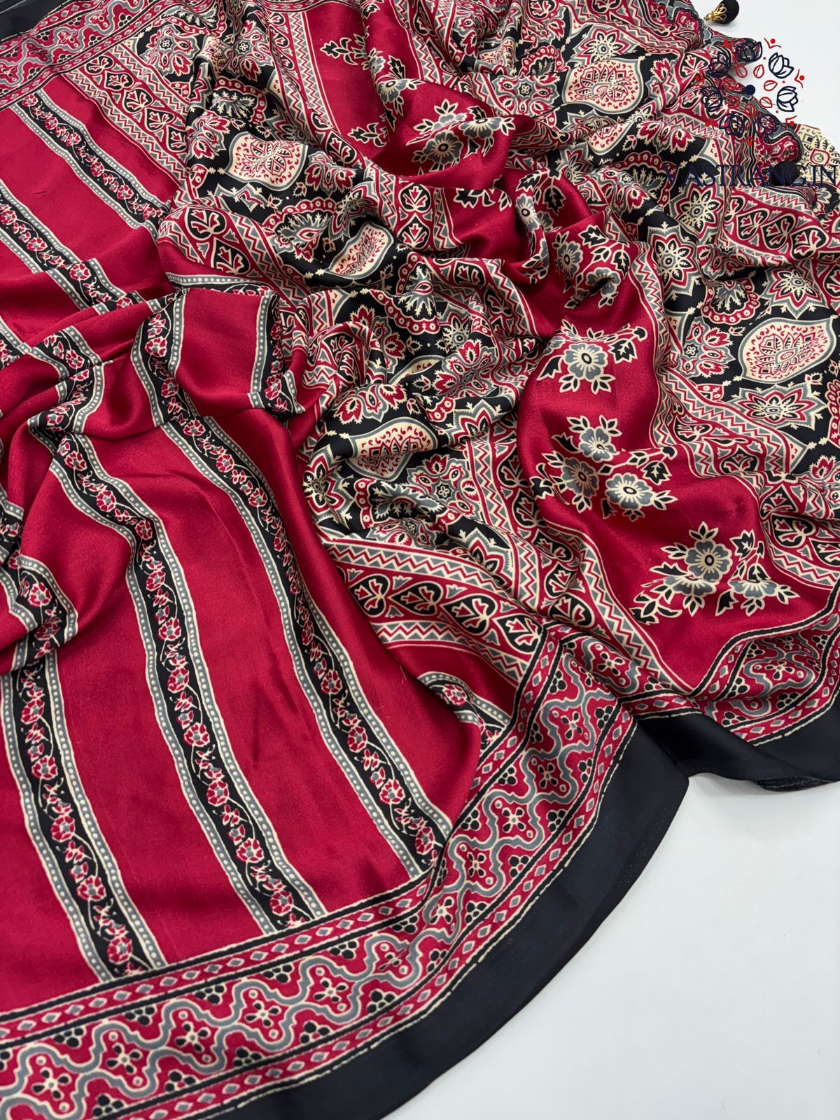 New Wedding Wear Red Color Pure Satin Silk Ajrak Printed Rich Pallu n Tussles Work Fancy Designer Saree