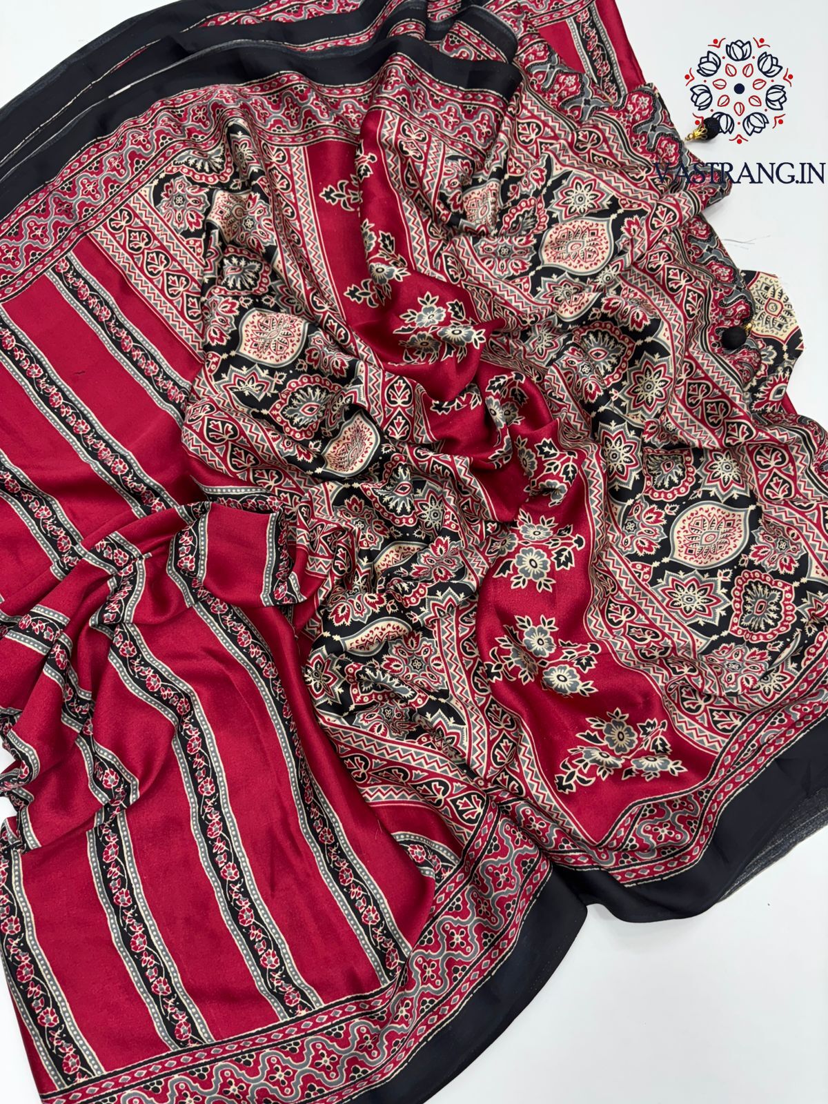 New Wedding Wear Red Color Pure Satin Silk Ajrak Printed Rich Pallu n Tussles Work Fancy Designer Saree