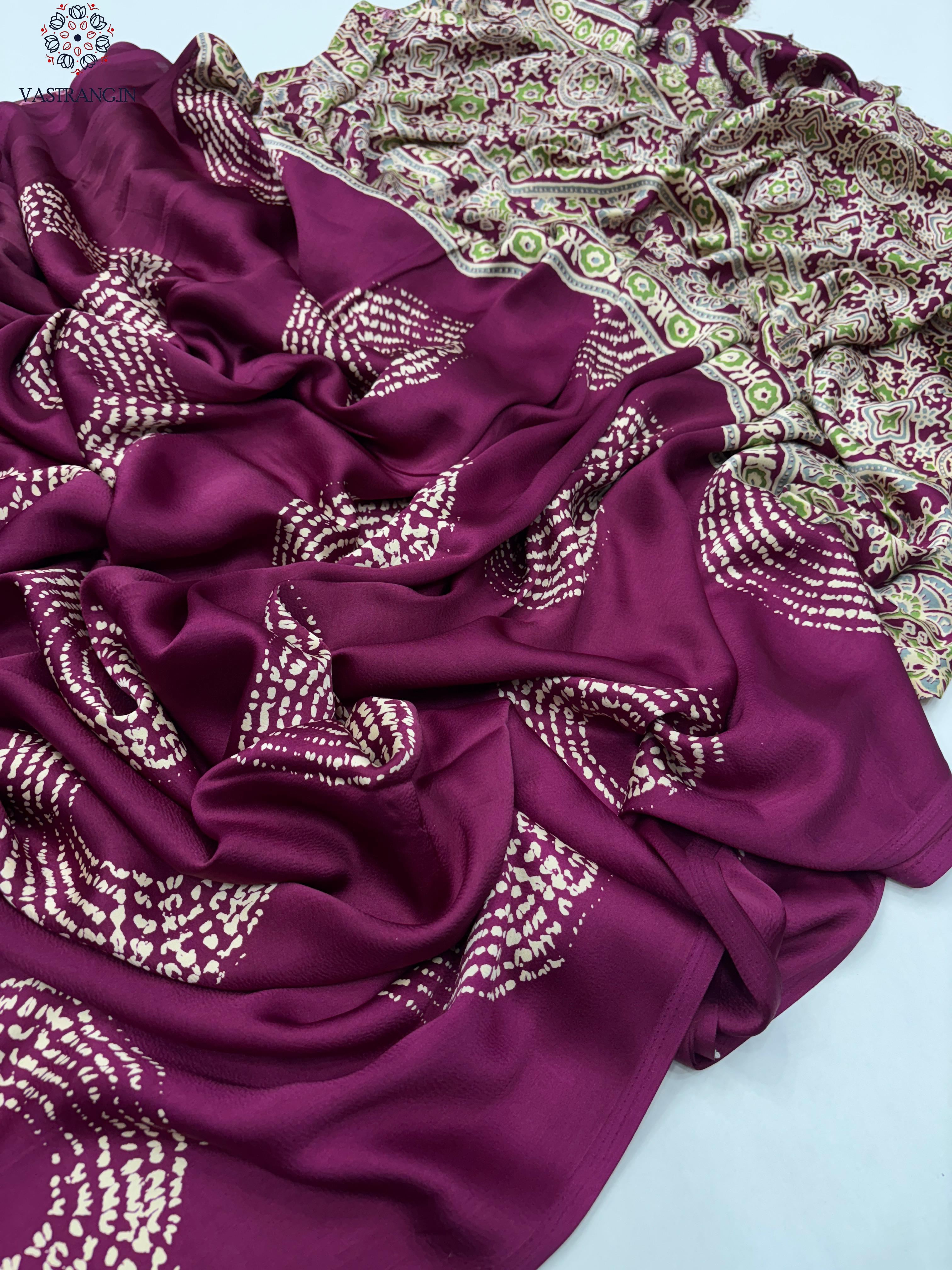 New Wedding Wear Pure Satin Silk Ajrak Printed Rich Pallu n Tussles Work Fancy Designer Saree