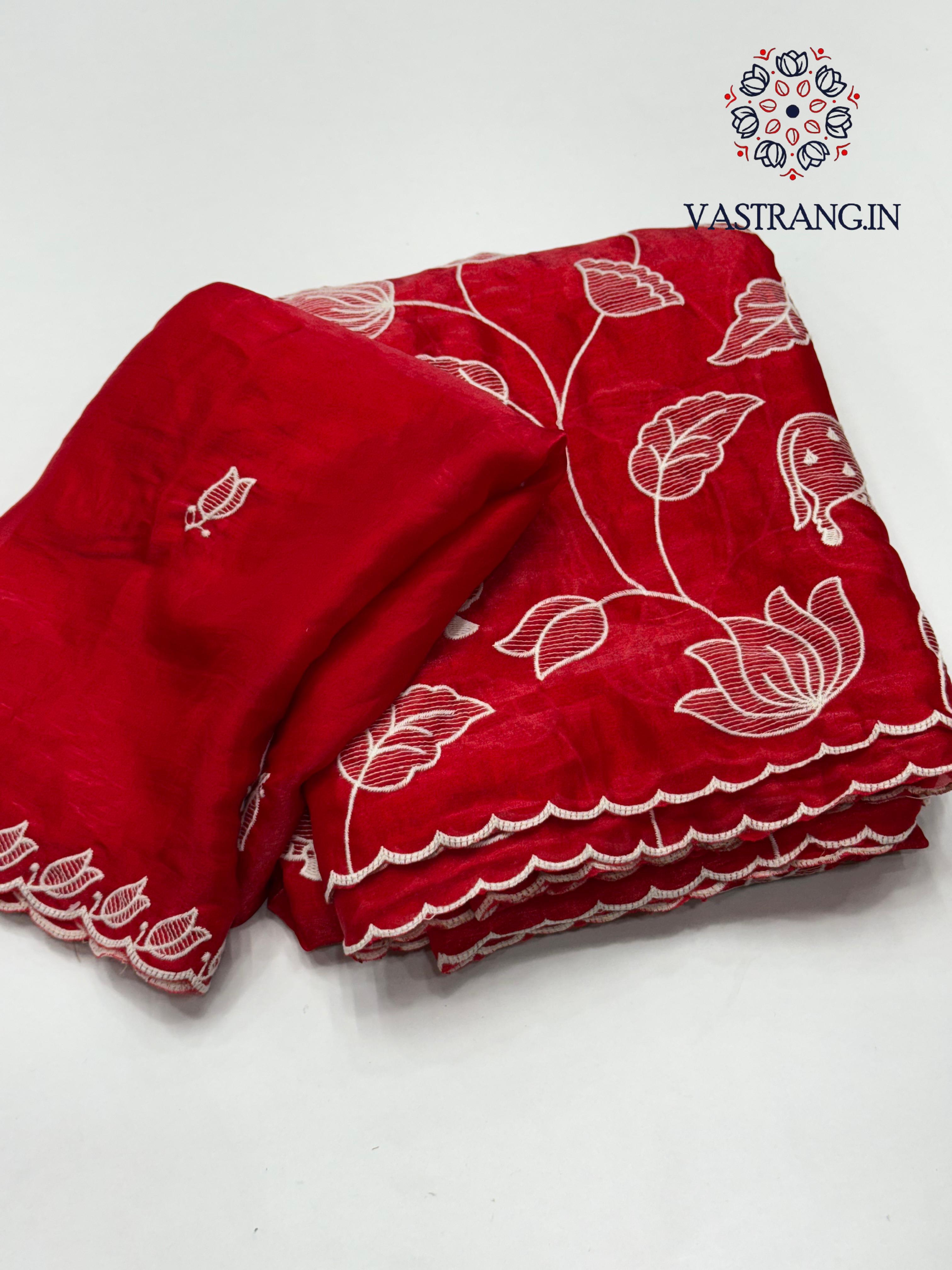 Beautiful Wedding Wear Red Colour Soft Crunchy Silk Embroidery Work Saree With Blouse