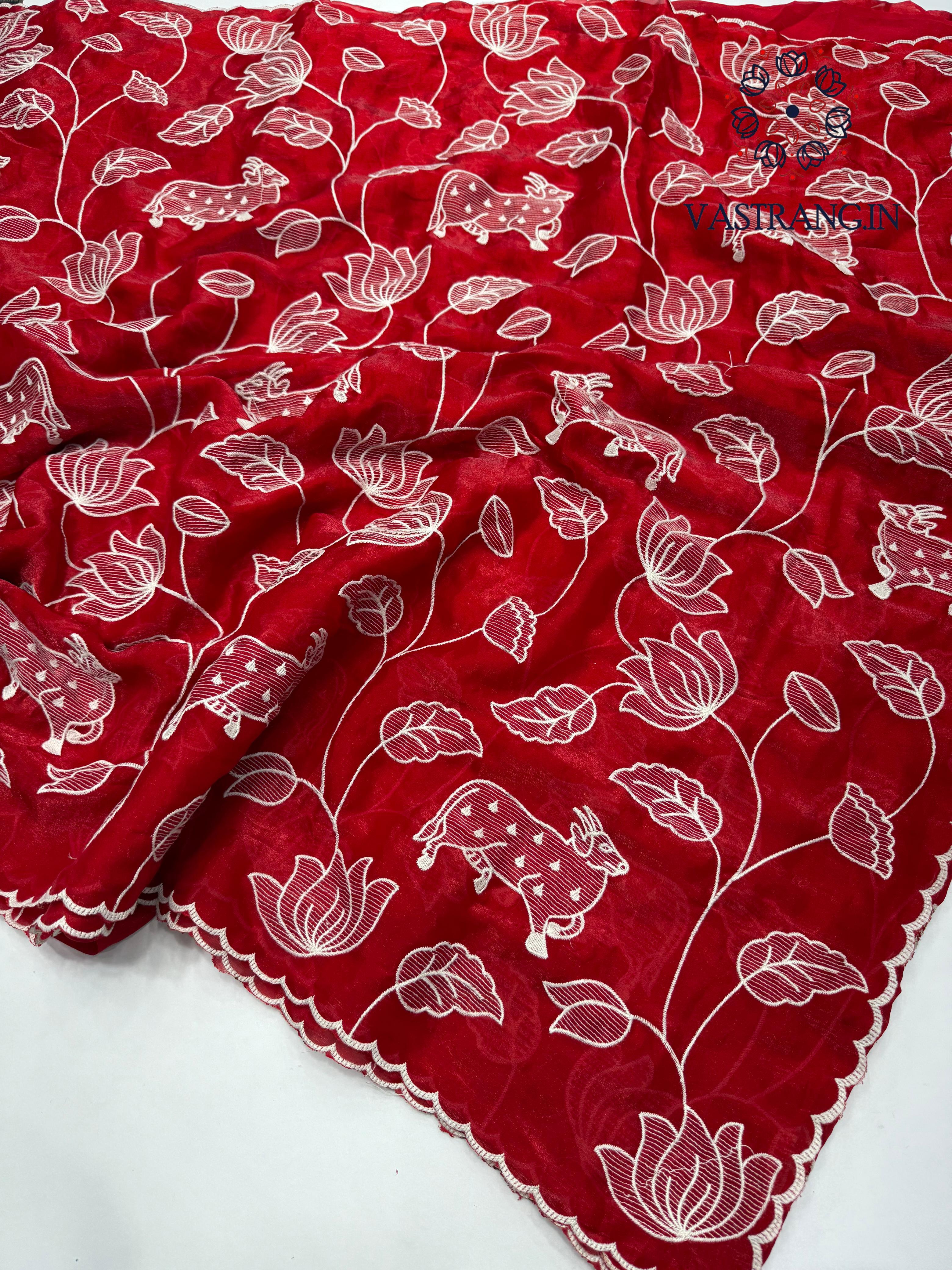 Beautiful Wedding Wear Red Colour Soft Crunchy Silk Embroidery Work Saree With Blouse