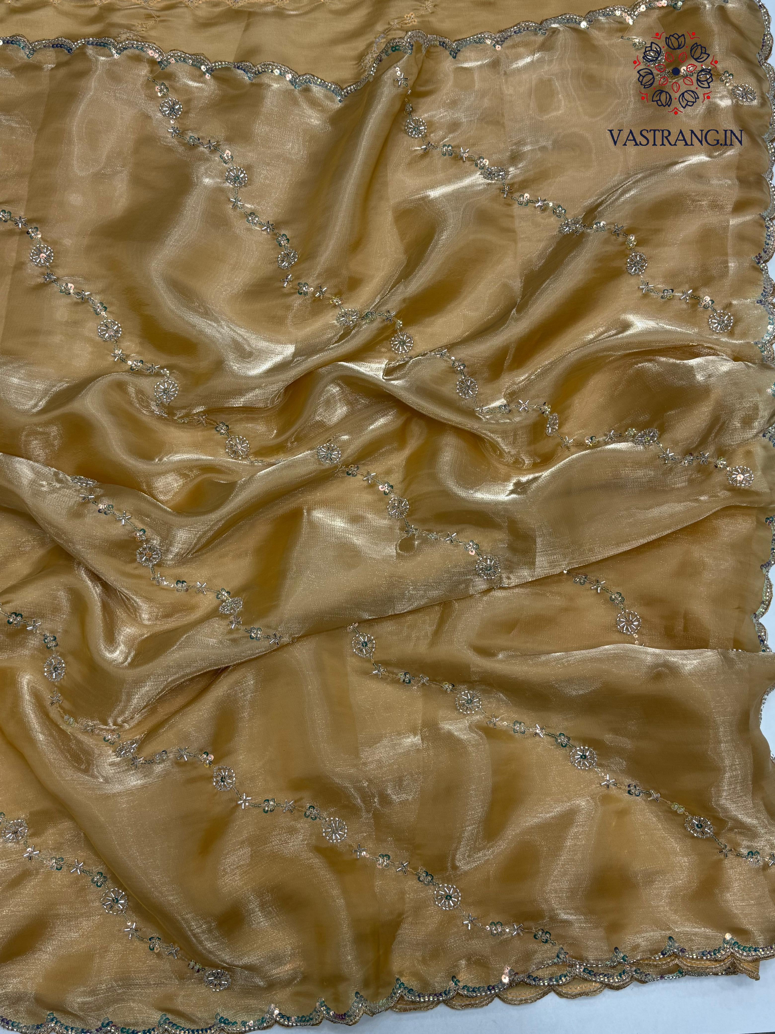 Attractive Golden Colour Partywear Sattin Silk Bits Maggam Cut Work Border Saree For Wedding