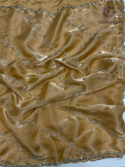 Attractive Golden Colour Partywear Sattin Silk Bits Maggam Cut Work Border Saree For Wedding