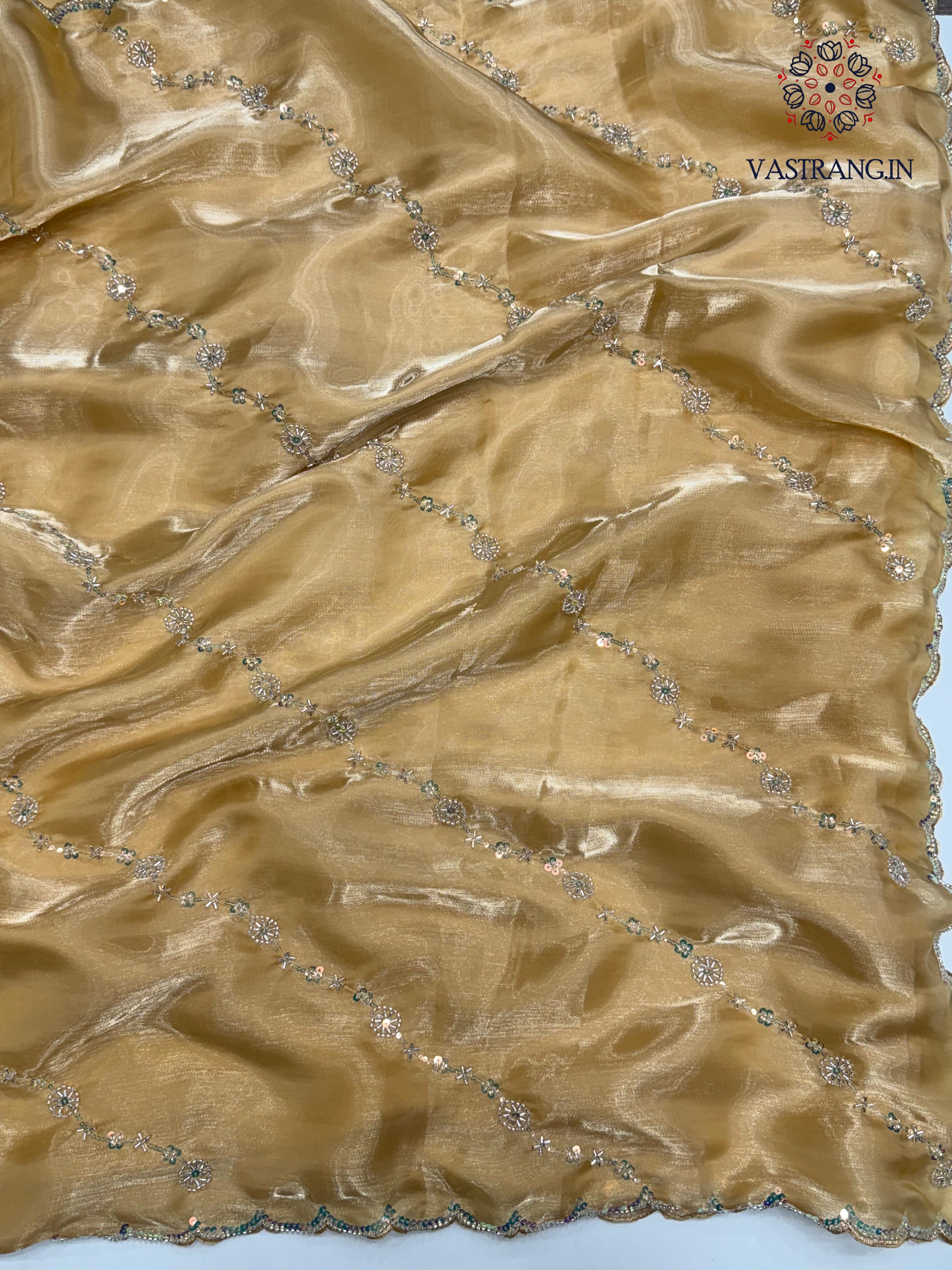 Attractive Golden Colour Partywear Sattin Silk Bits Maggam Cut Work Border Saree For Wedding