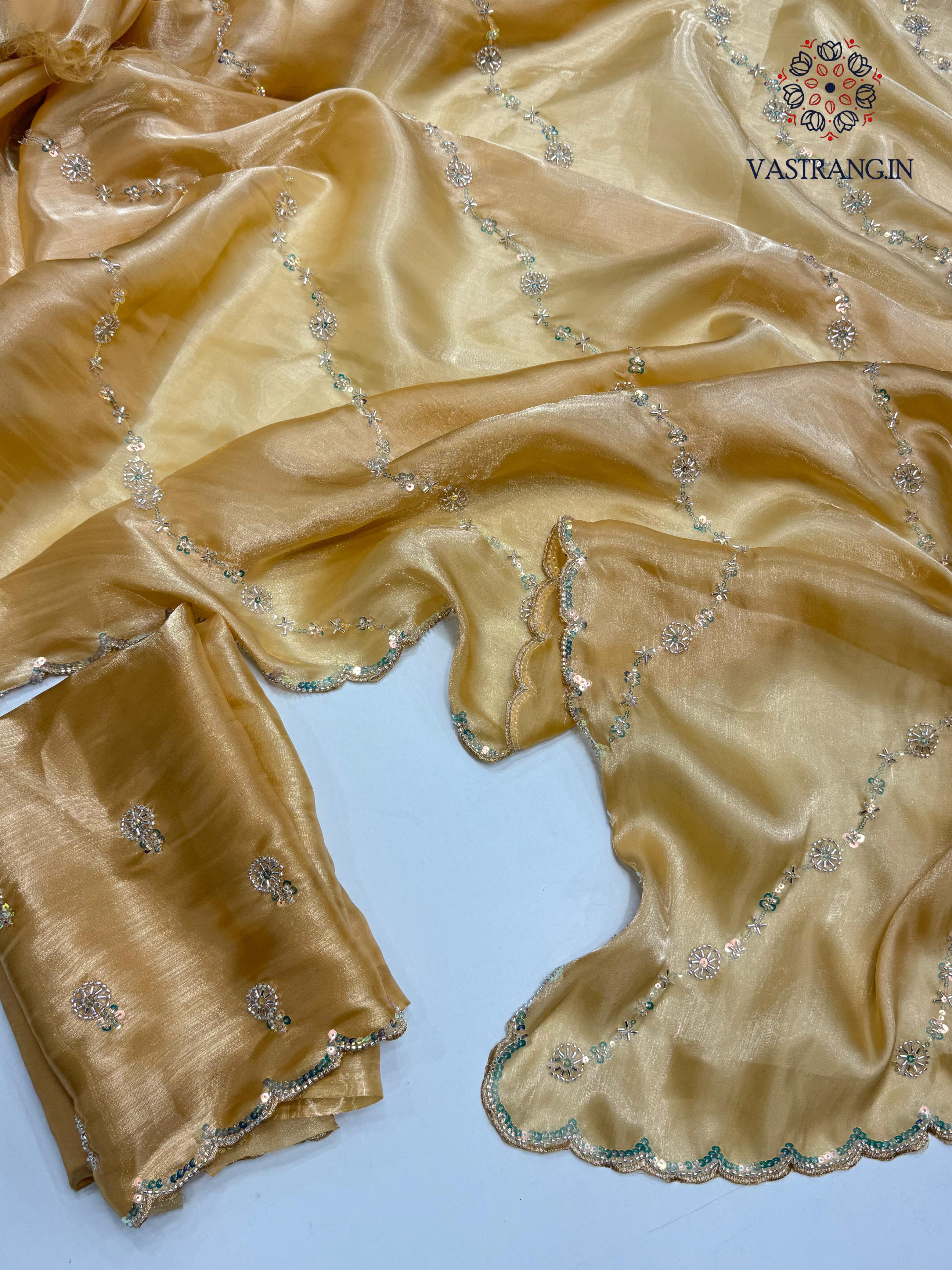 Attractive Golden Colour Partywear Sattin Silk Bits Maggam Cut Work Border Saree For Wedding