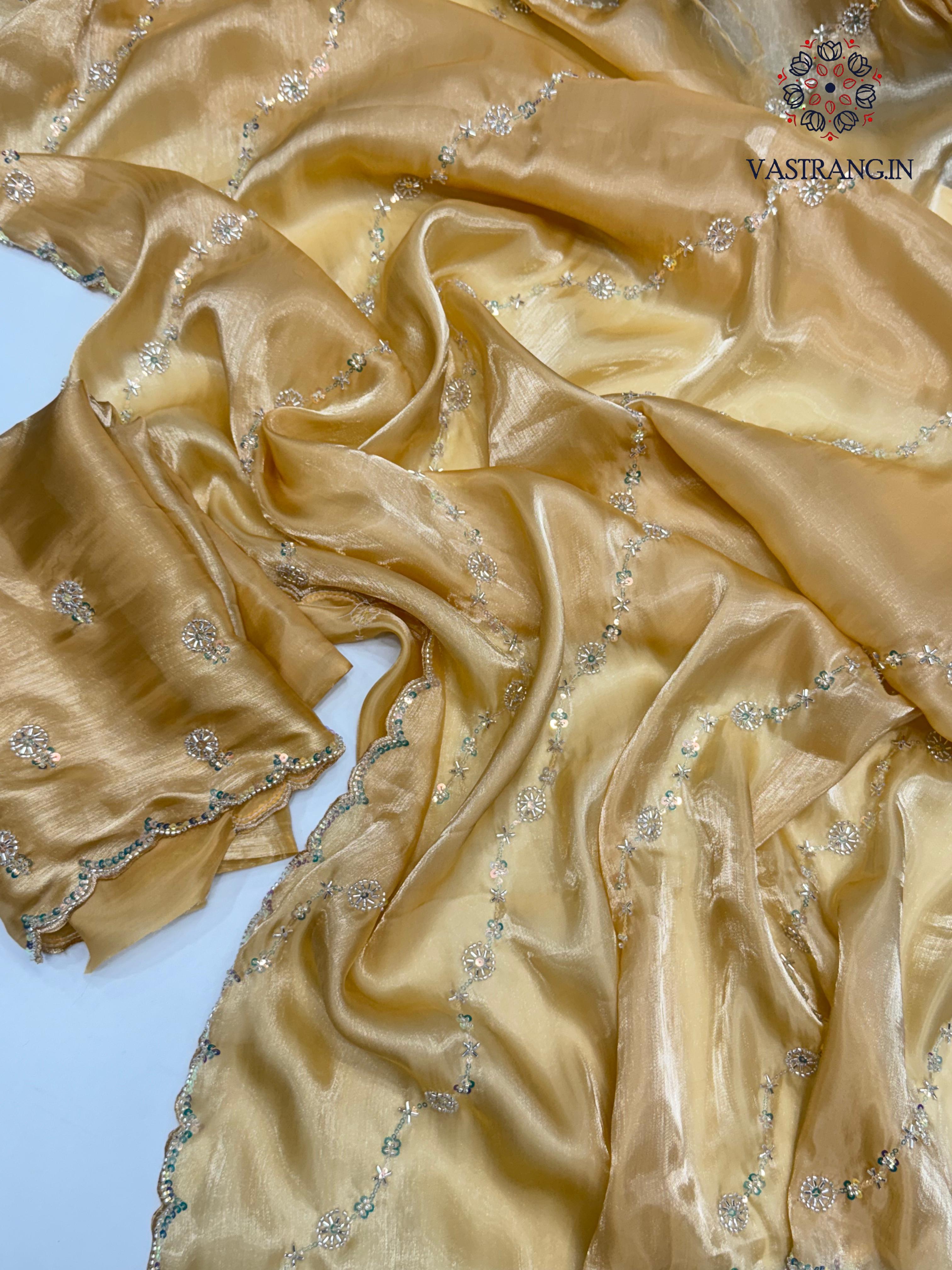 Attractive Golden Colour Partywear Sattin Silk Bits Maggam Cut Work Border Saree For Wedding