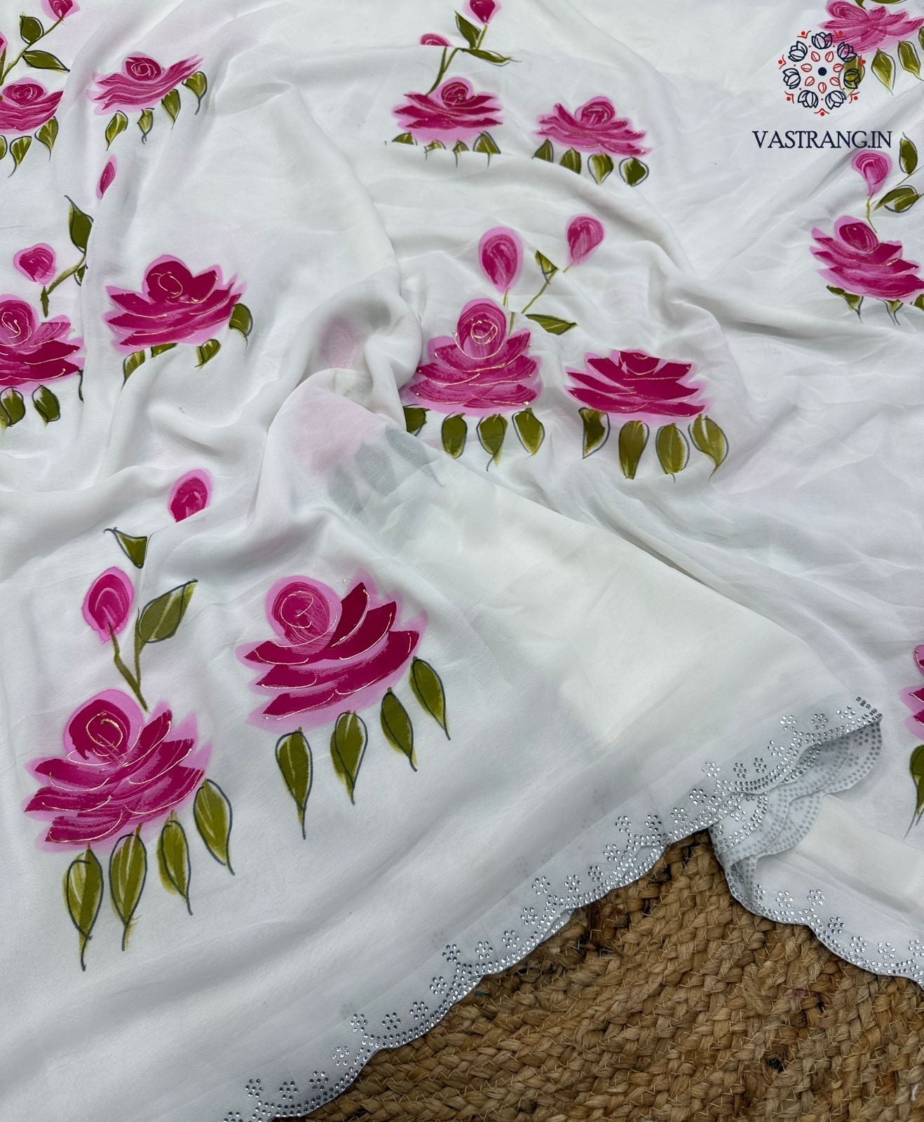 Beautiful Partywear White Colour Soft Georgette Handbrush Print With Siroski Cut Work Fancy Designer Saree