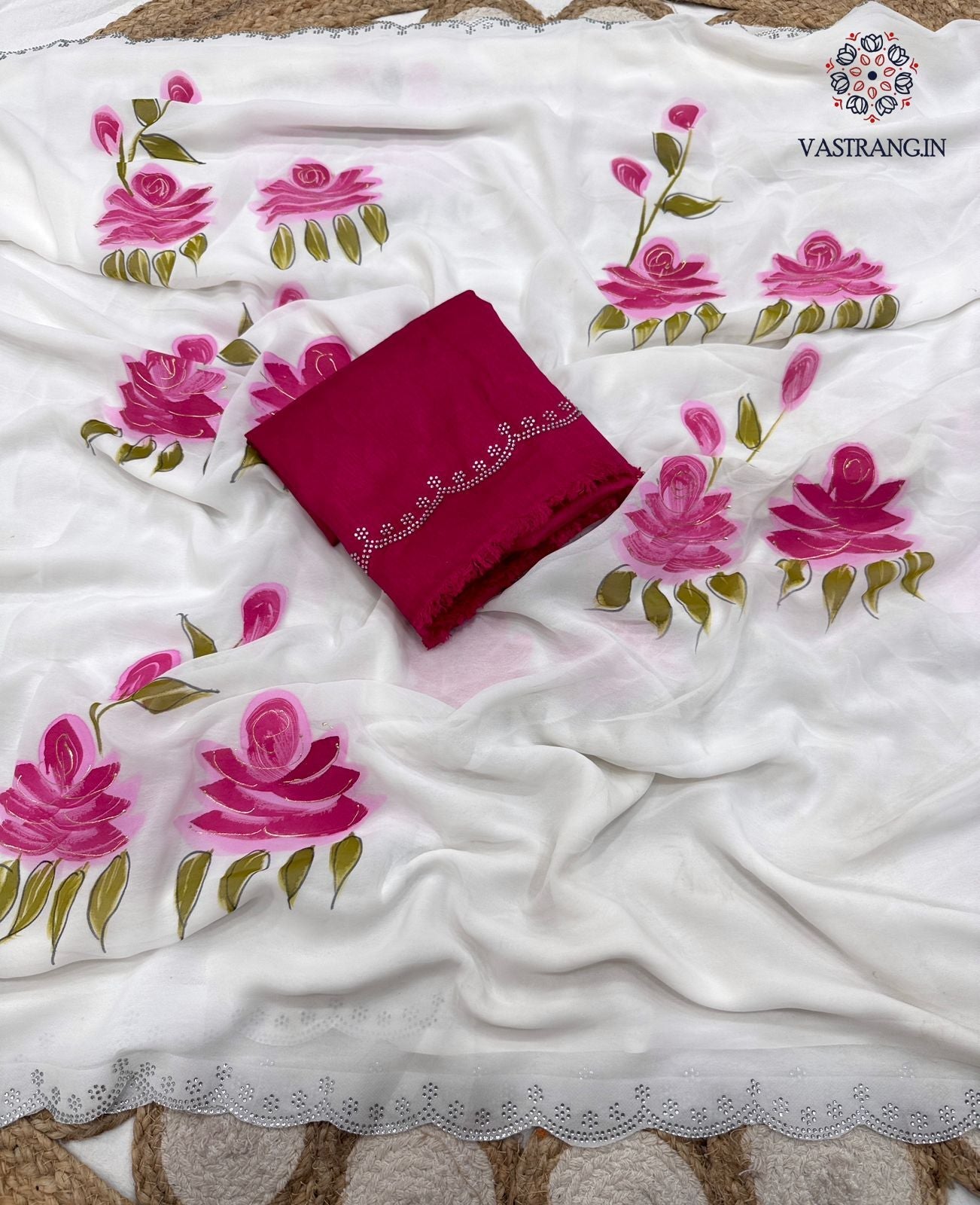 Beautiful Partywear White Colour Soft Georgette Handbrush Print With Siroski Cut Work Fancy Designer Saree