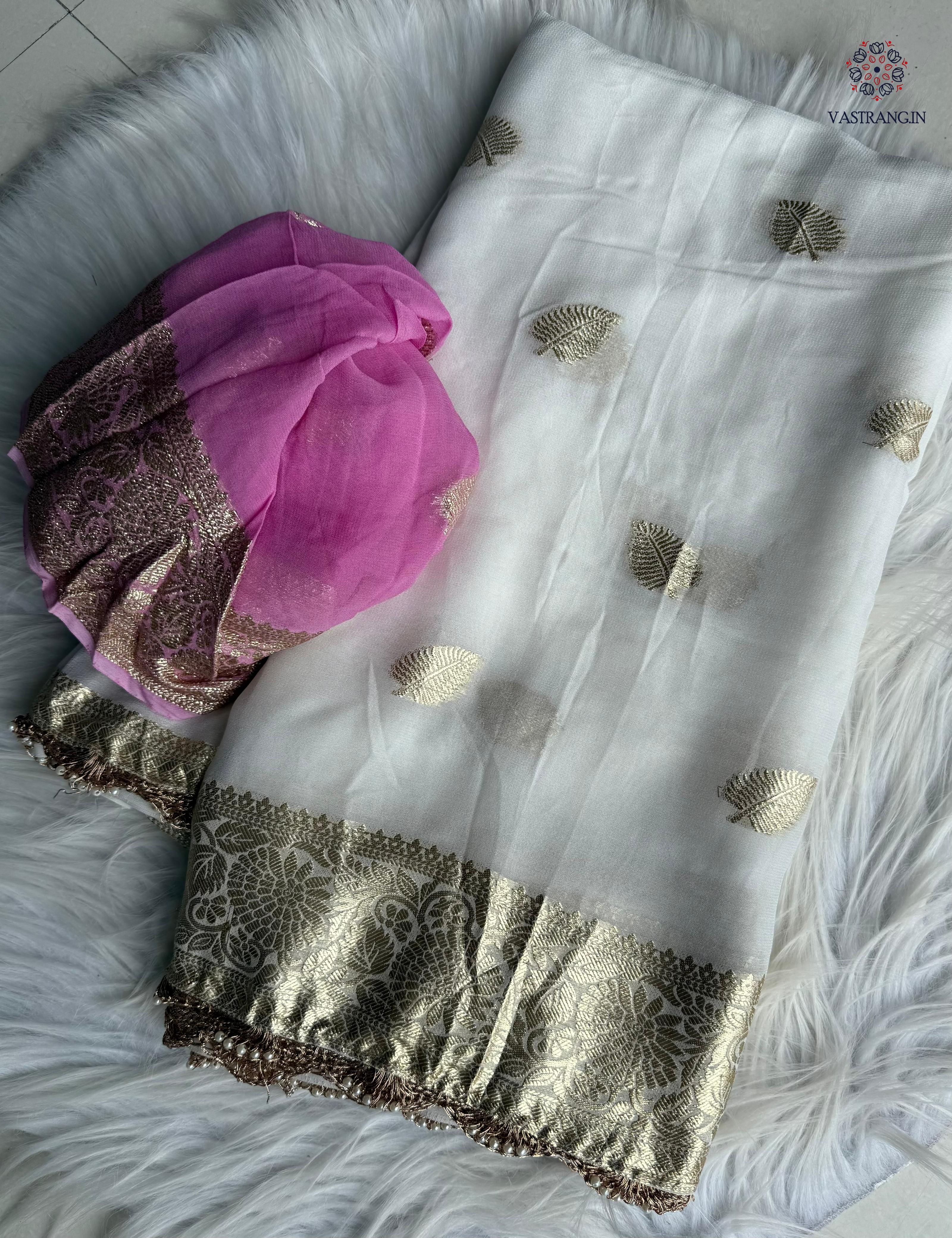 New Wedding Wear White Color Pure Viscose Georgette Zari Weaving Work Fancy Designer Saree With Blouse Piece