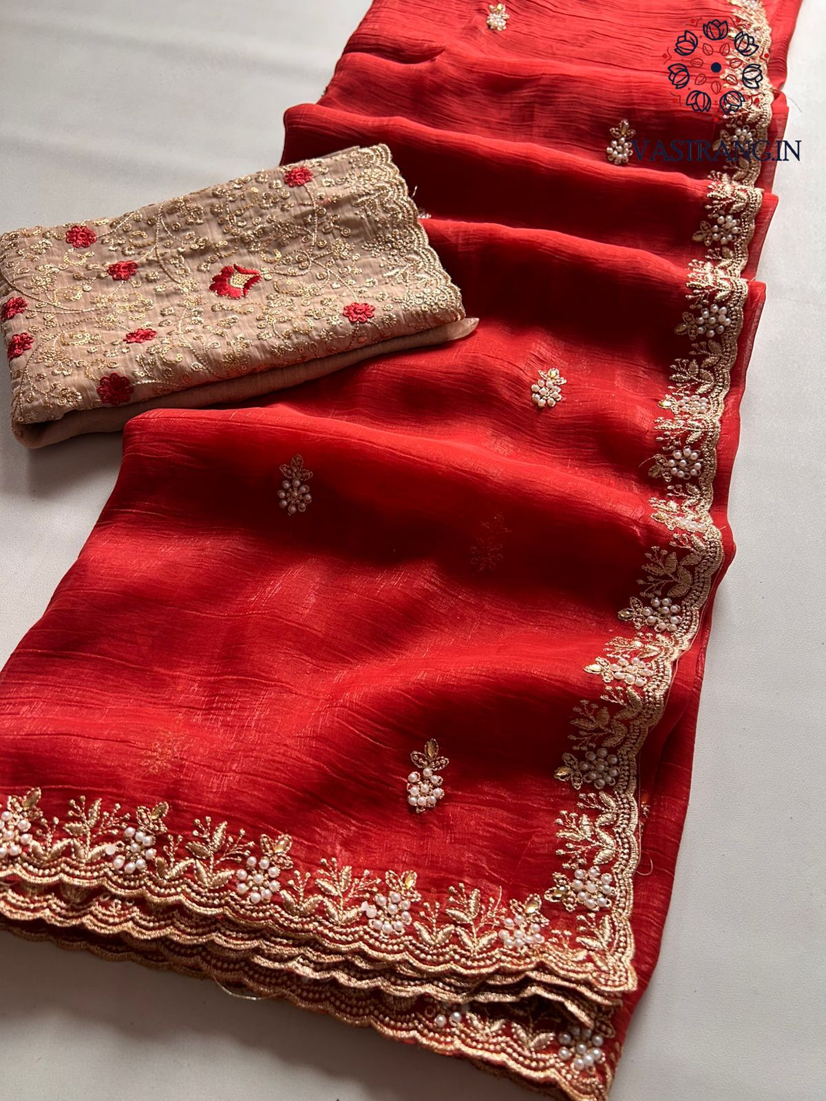 New Wedding Wear Red Color Crunchy Chiffon Silk With Beautiful Embroidery Work Fancy Designer Saree