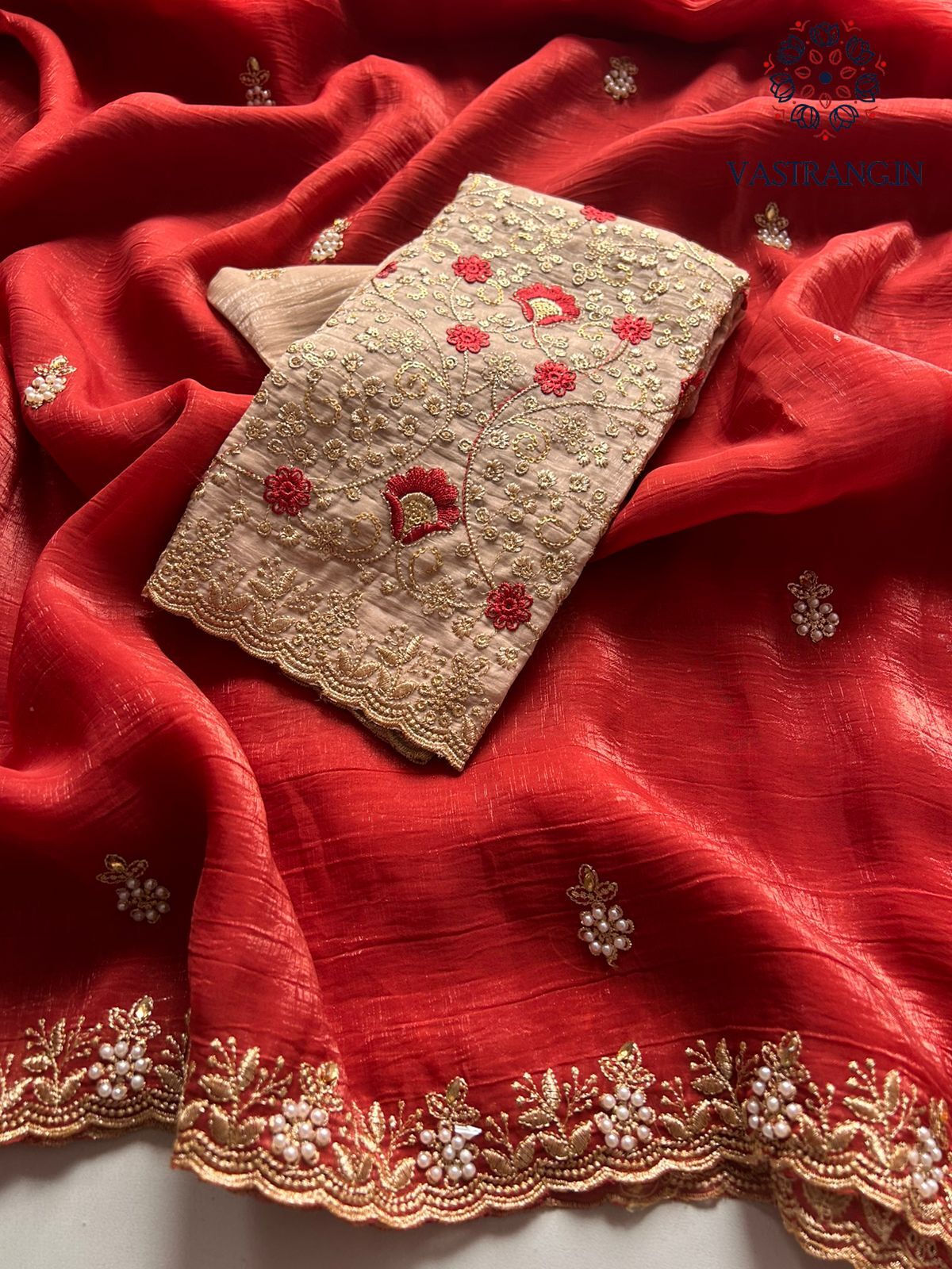 New Wedding Wear Red Color Crunchy Chiffon Silk With Beautiful Embroidery Work Fancy Designer Saree