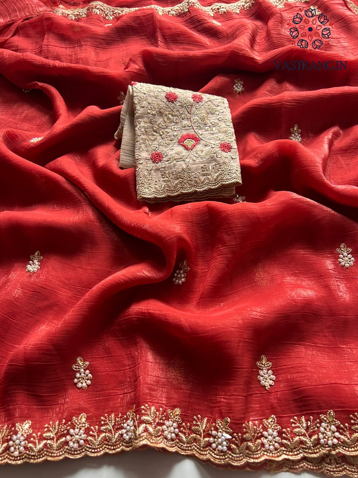 New Wedding Wear Red Color Crunchy Chiffon Silk With Beautiful Embroidery Work Fancy Designer Saree