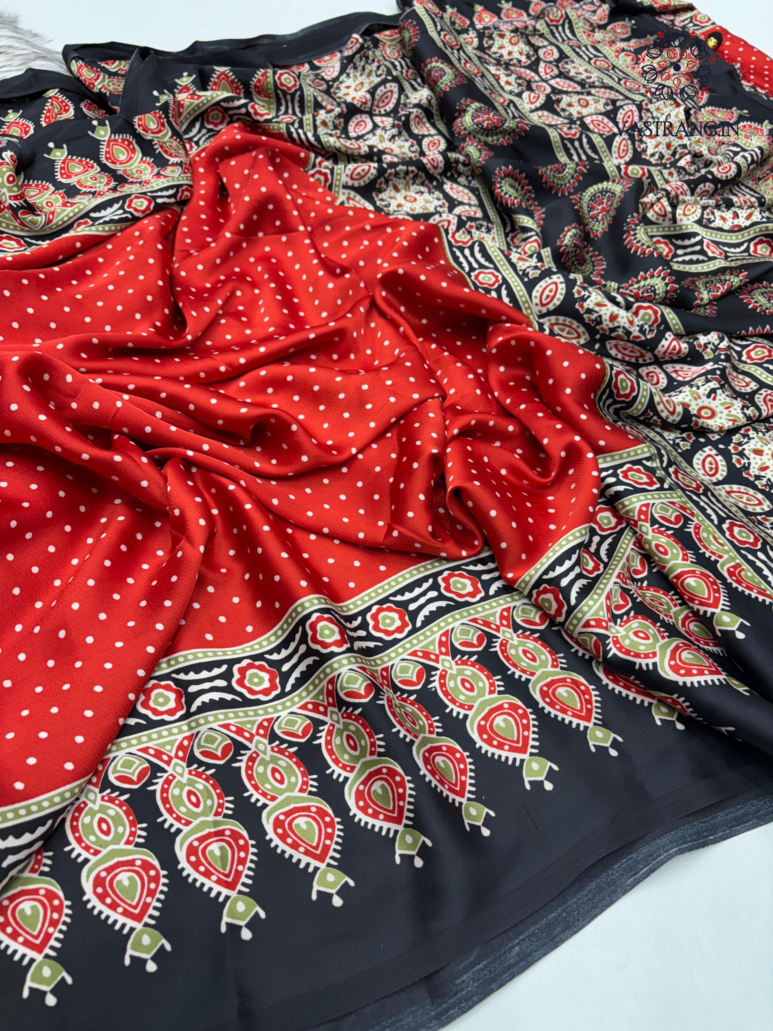 Gorgeous Party wear Pure Satin Silk Ajrak Printed Rich Pallu n Tussles Work Fancy Designer Saree