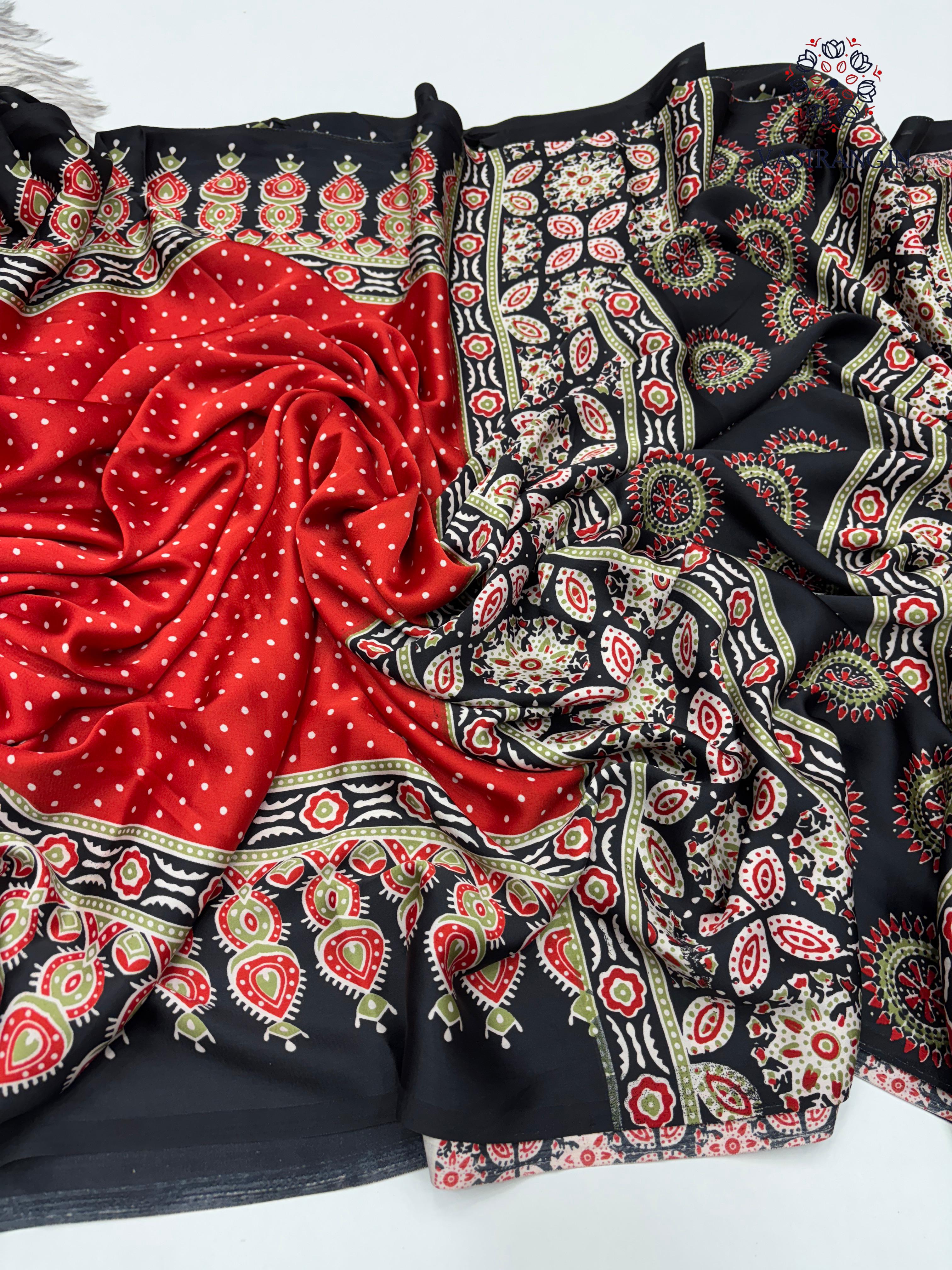 Gorgeous Party wear Pure Satin Silk Ajrak Printed Rich Pallu n Tussles Work Fancy Designer Saree