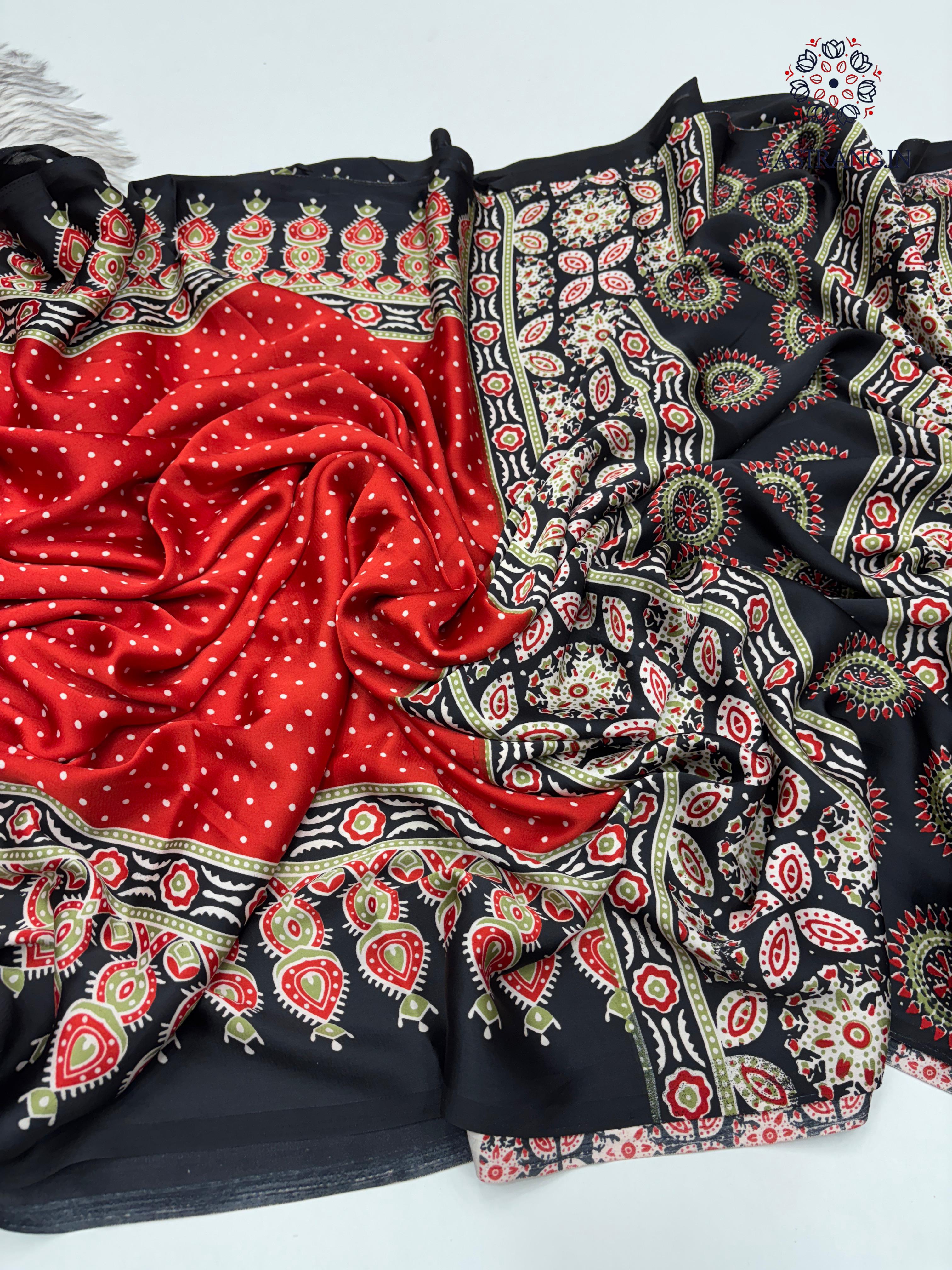 Gorgeous Party wear Pure Satin Silk Ajrak Printed Rich Pallu n Tussles Work Fancy Designer Saree