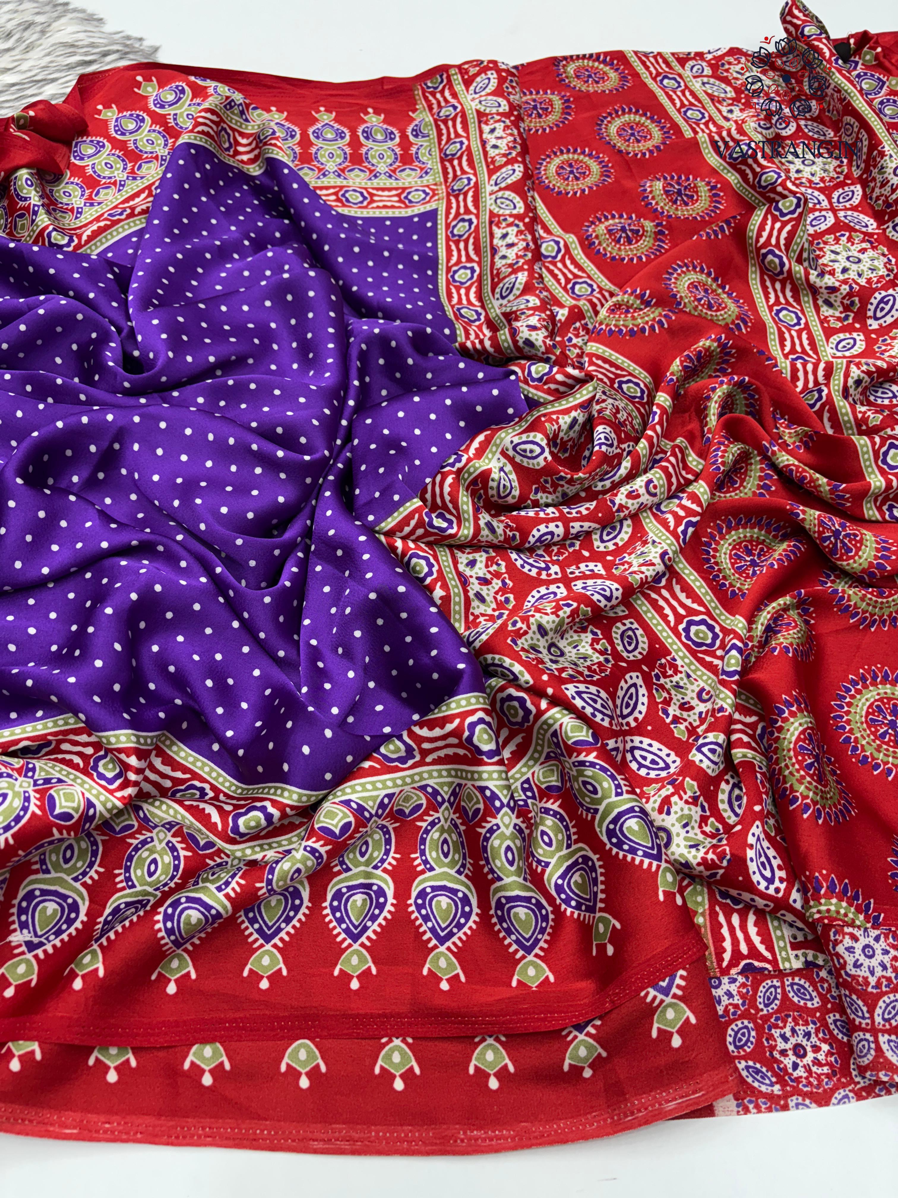 Gorgeous Party wear Pure Satin Silk Ajrak Printed Rich Pallu n Tussles Work Fancy Designer Saree