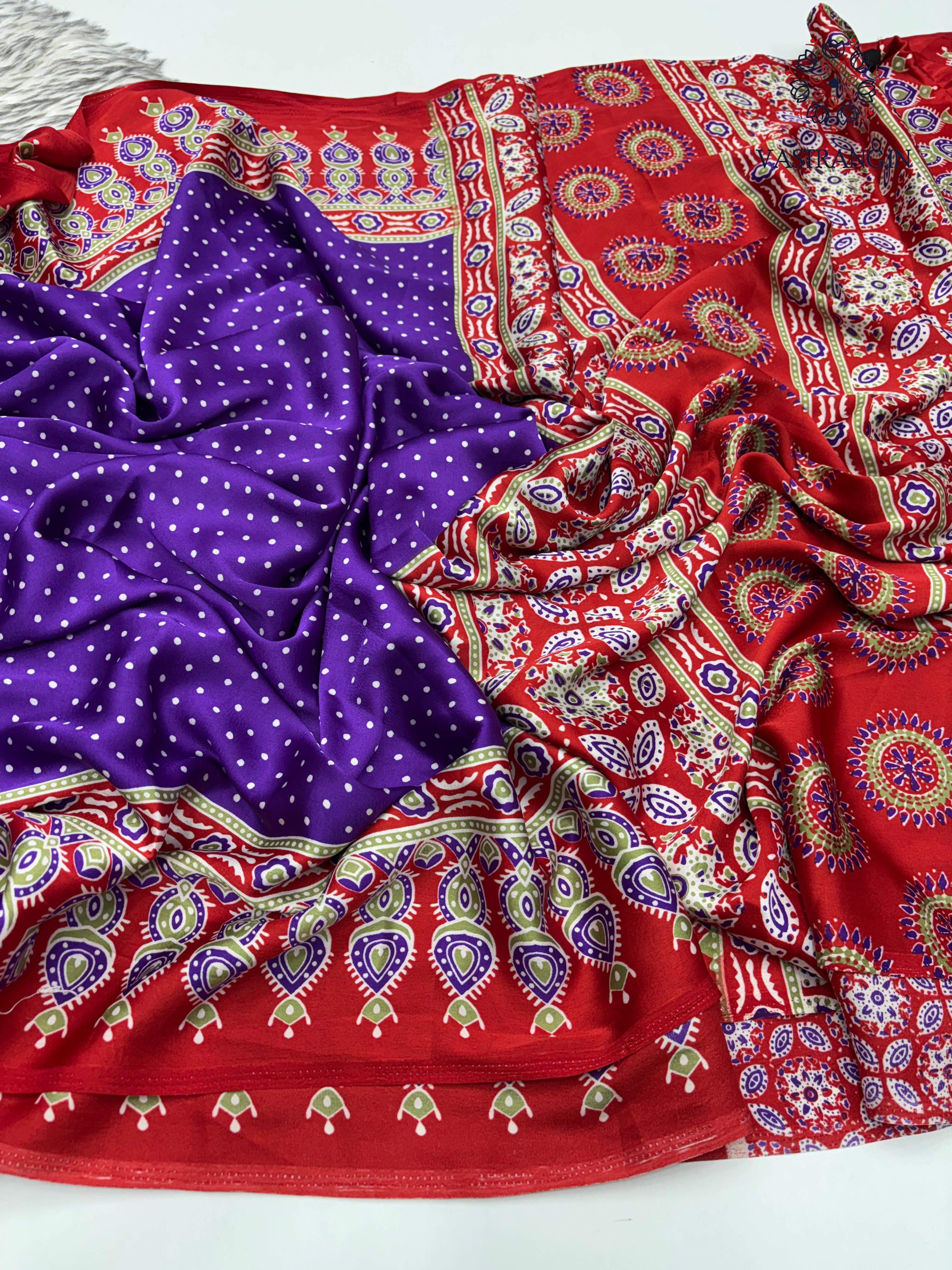 Gorgeous Party wear Pure Satin Silk Ajrak Printed Rich Pallu n Tussles Work Fancy Designer Saree