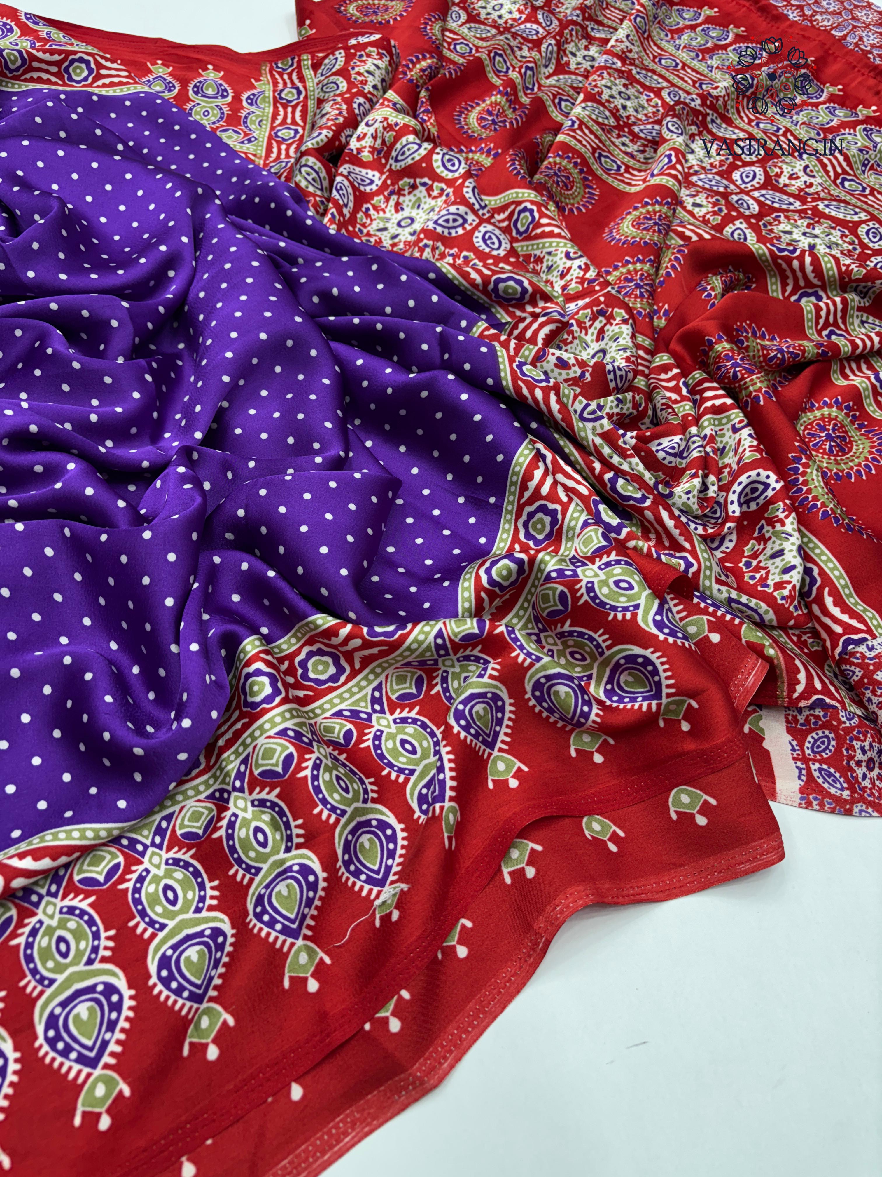 Gorgeous Party wear Pure Satin Silk Ajrak Printed Rich Pallu n Tussles Work Fancy Designer Saree