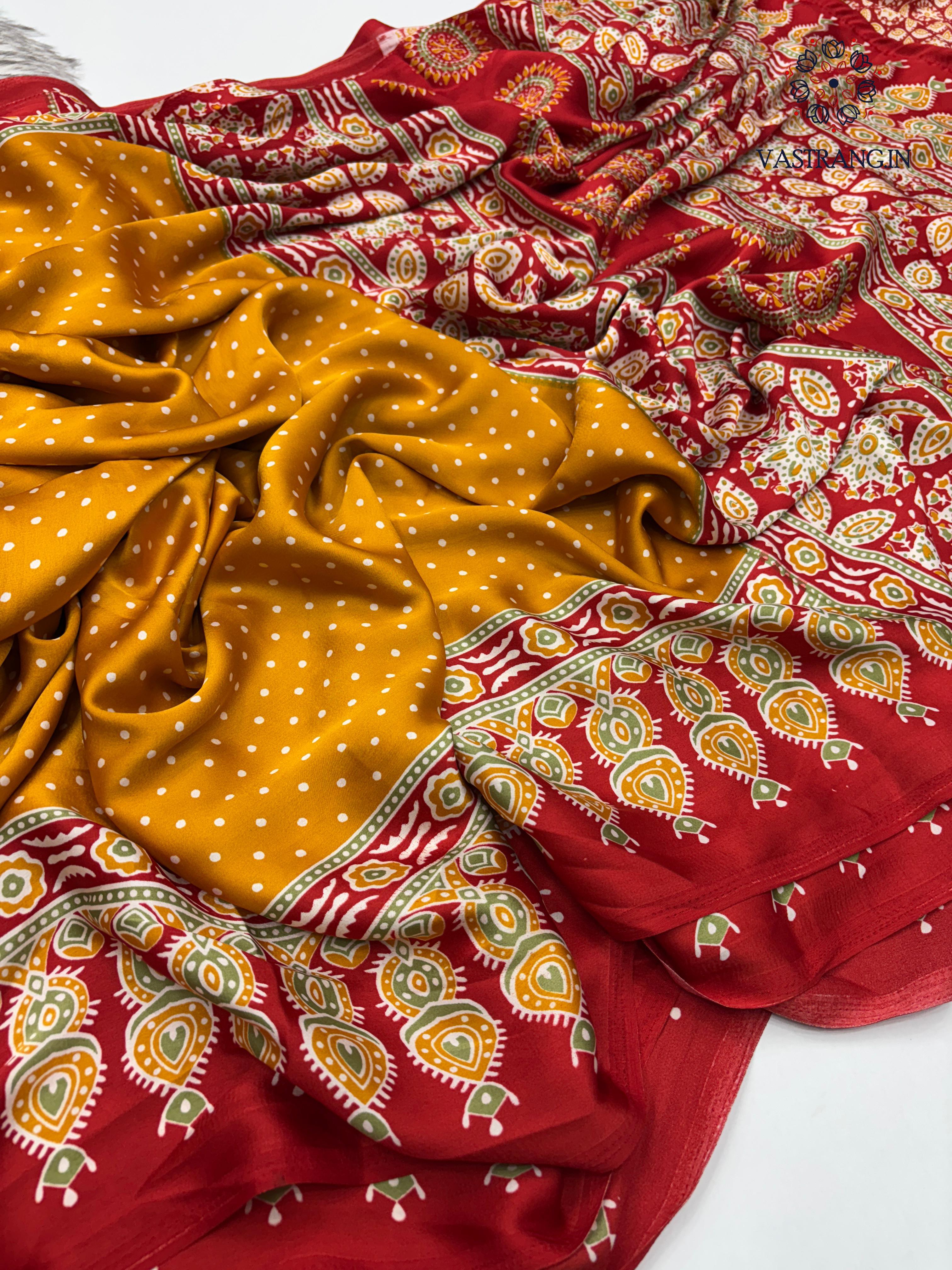 Gorgeous Party wear Pure Satin Silk Ajrak Printed Rich Pallu n Tussles Work Fancy Designer Saree